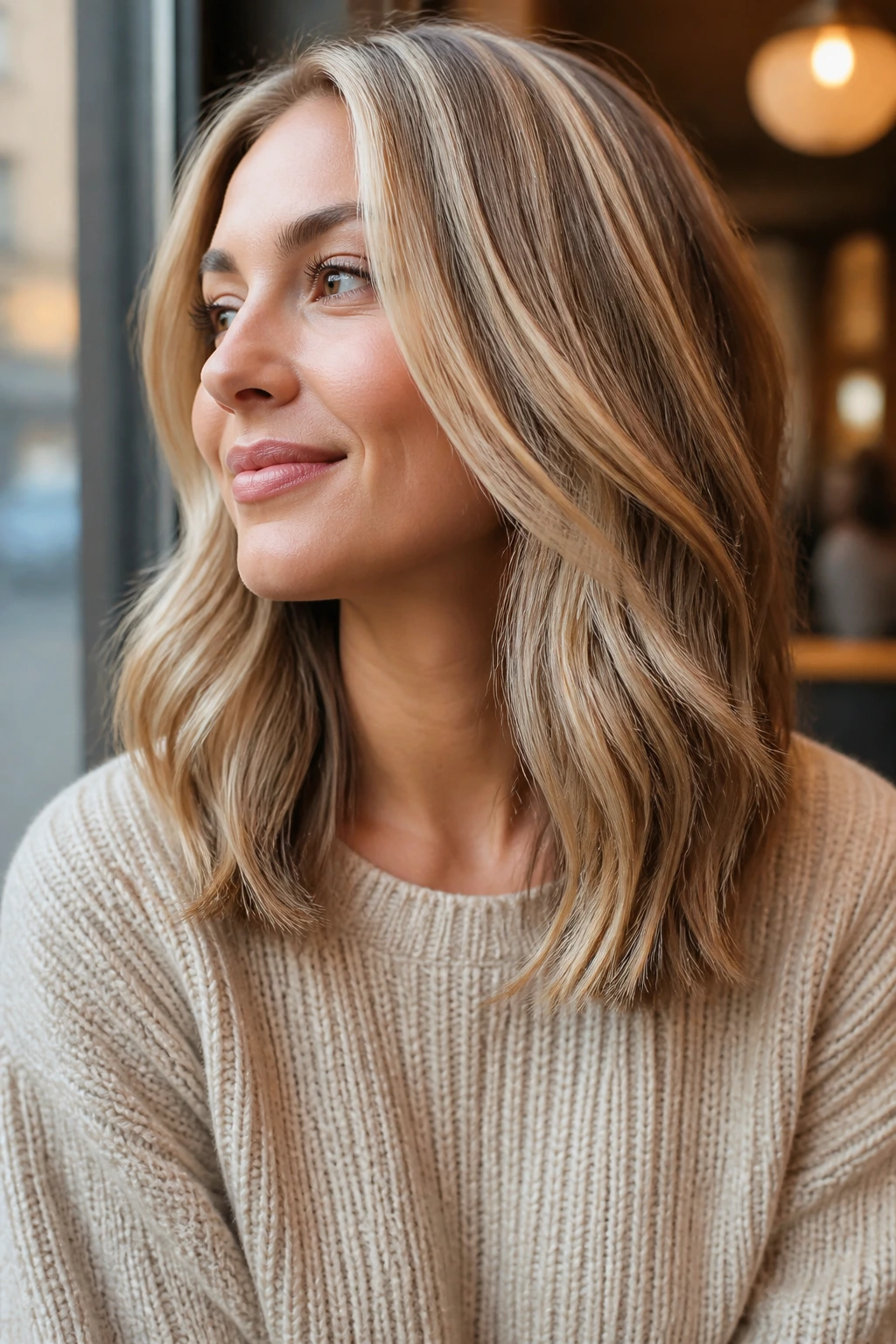 Blonde hair with toffee lowlights for depth and dimension