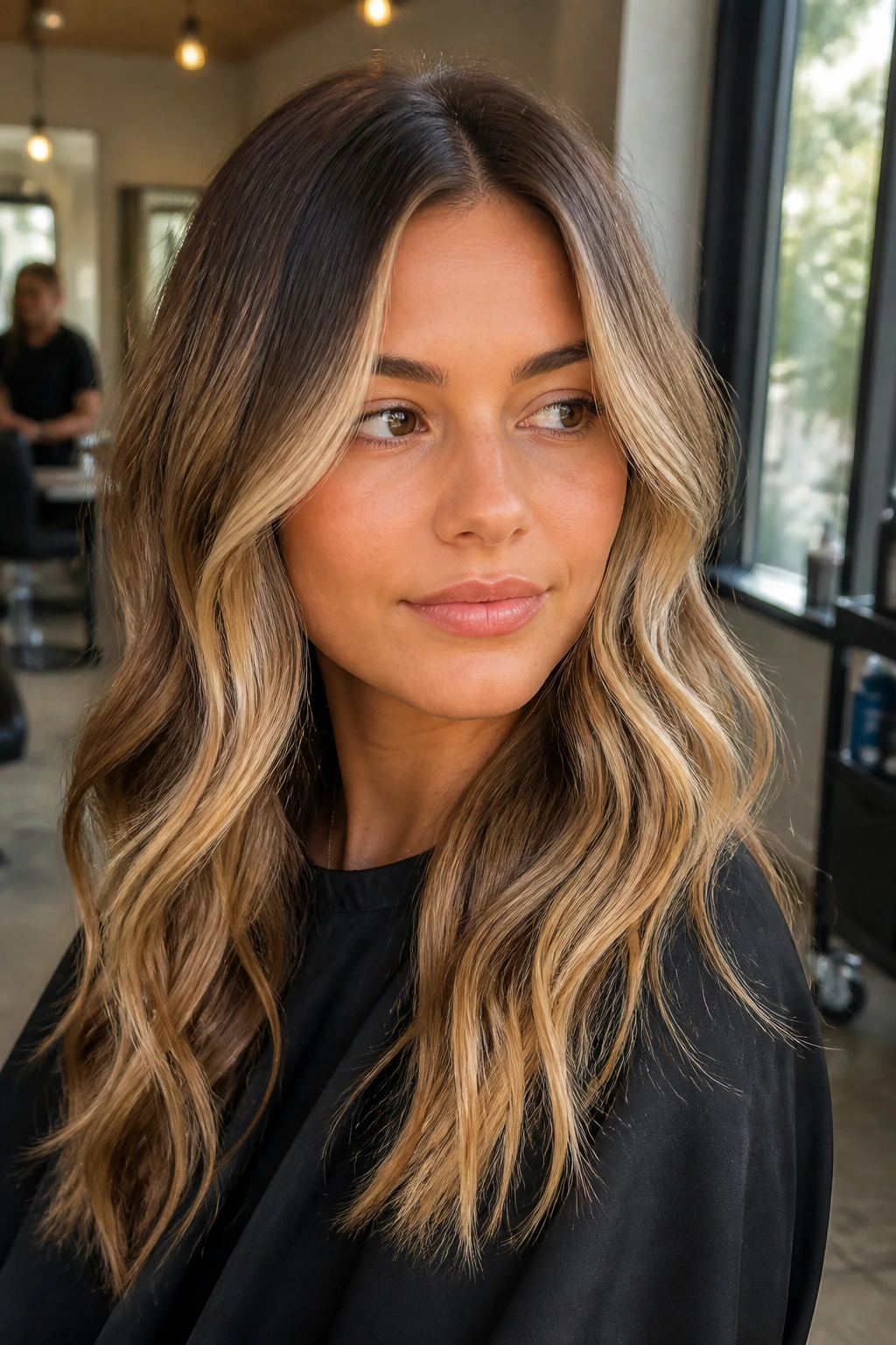 Close-up of a real person with Toffee Melt Blonde hair showing a root melt