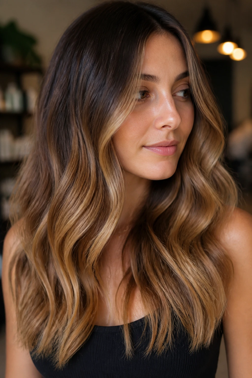 Close-up of a real woman with toffee melt hair featuring caramel and toffee tones