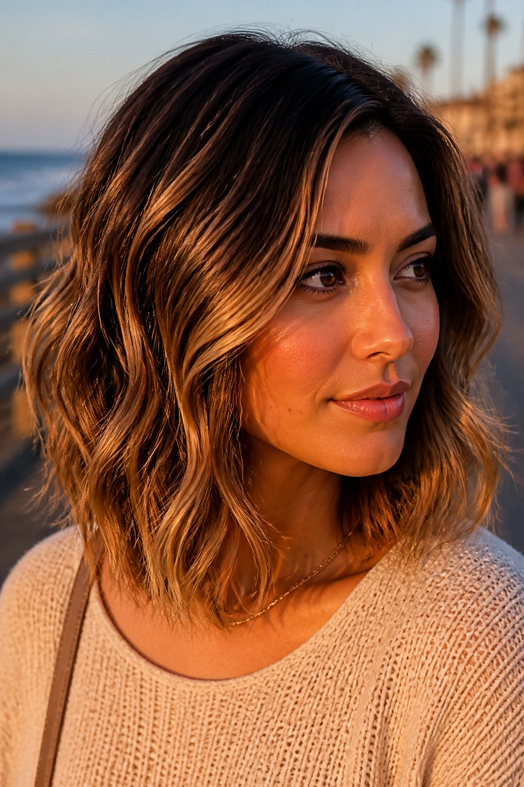 Close-up of a real person with toffee melt wavy lob showing caramel and toffee ends