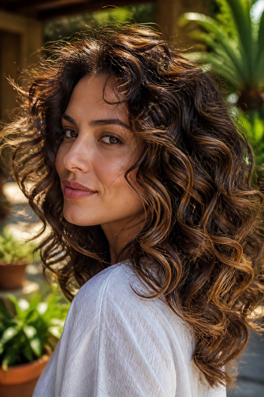 Close-up of curly hair with toffee and mocha swirl balayage on a real person