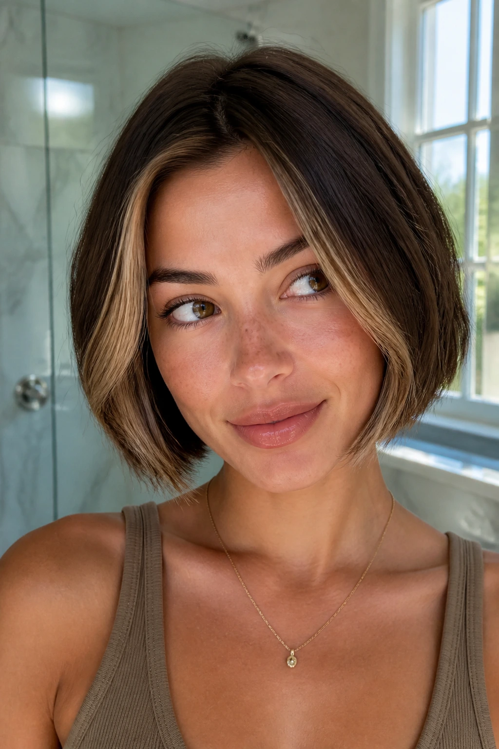 Close-up of chin-length bob with toffee money-piece highlights on a real person.