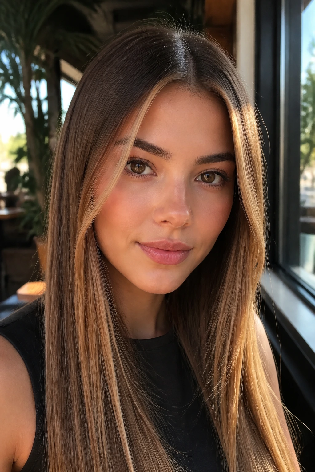 Close-up portrait of a real woman with a toffee money piece on straight hair, face-framing panels at cheeks