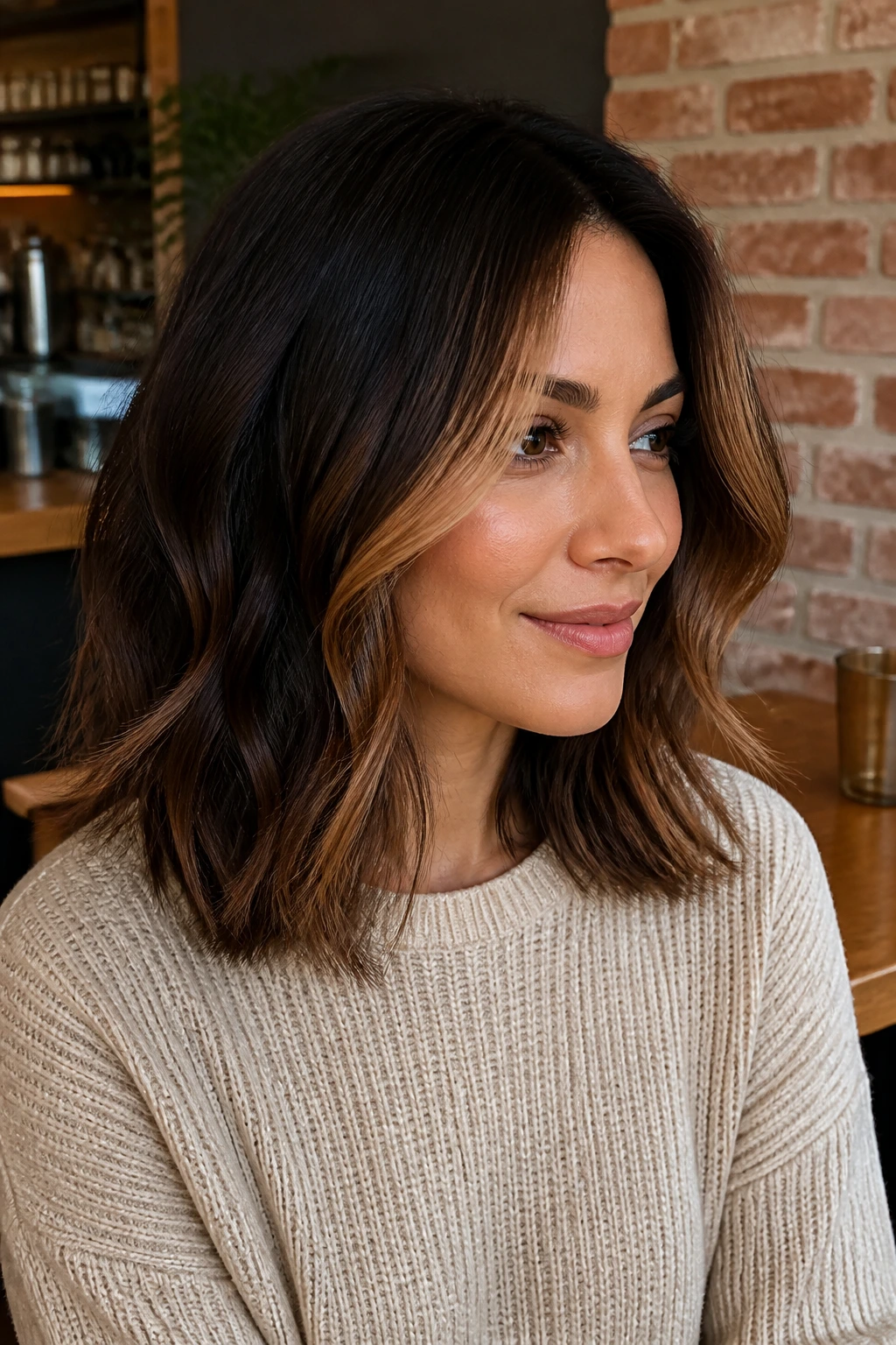 Close-up portrait of a woman with toffee money piece on layered lob hair