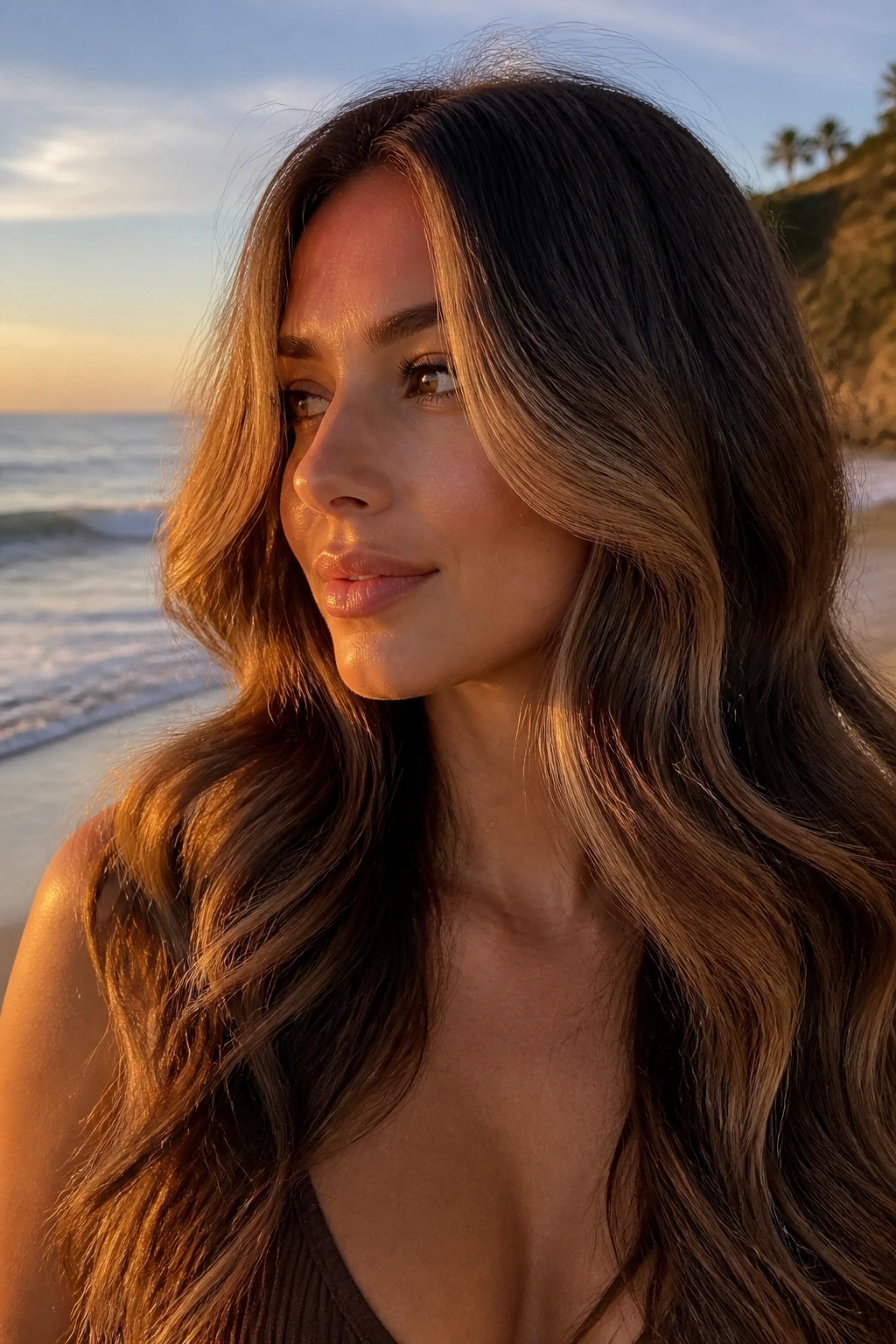Portrait of a real woman with long waves and toffee money piece