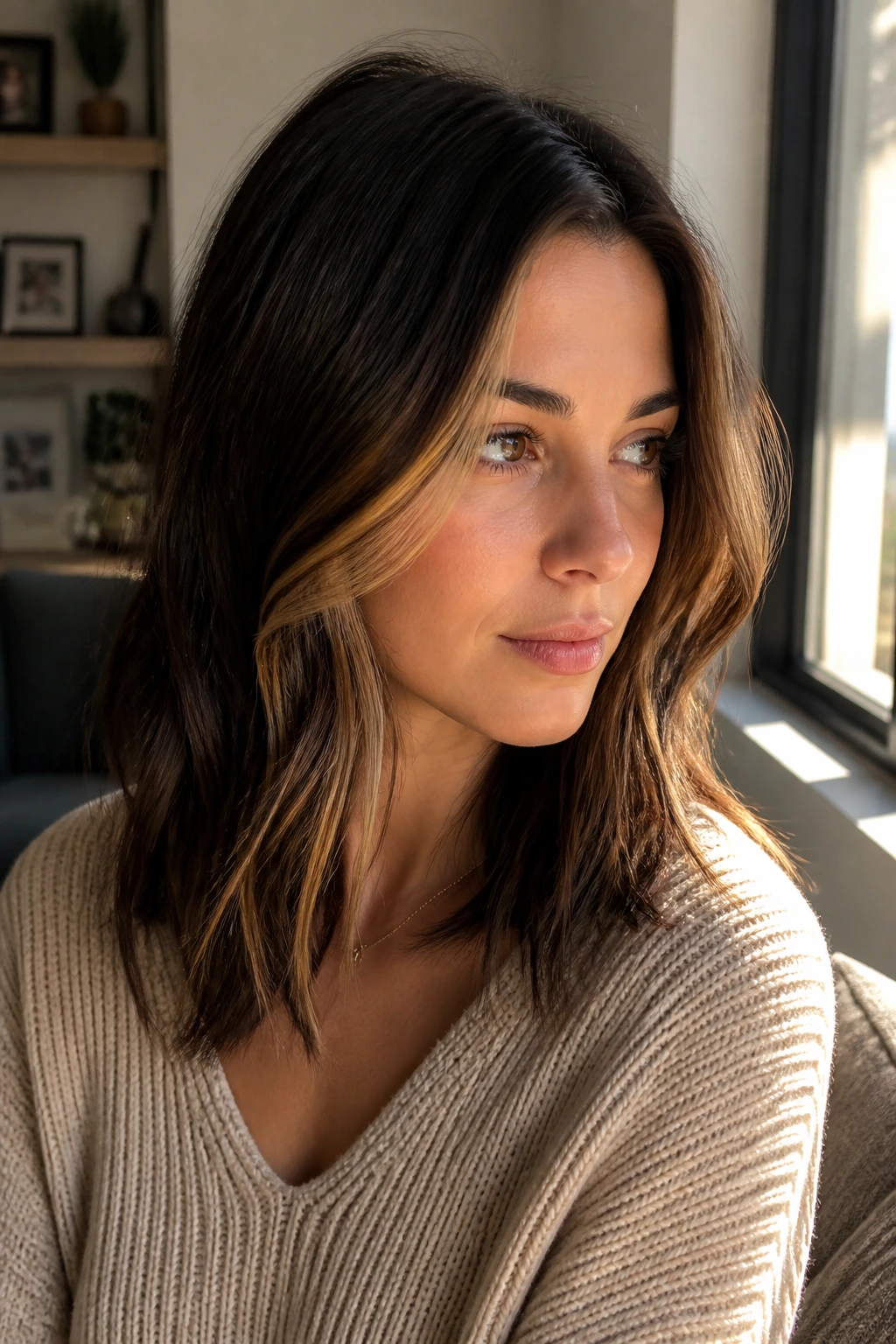 Close-up portrait of brunette with Toffee Money Pieces framing the face in caramel highlights