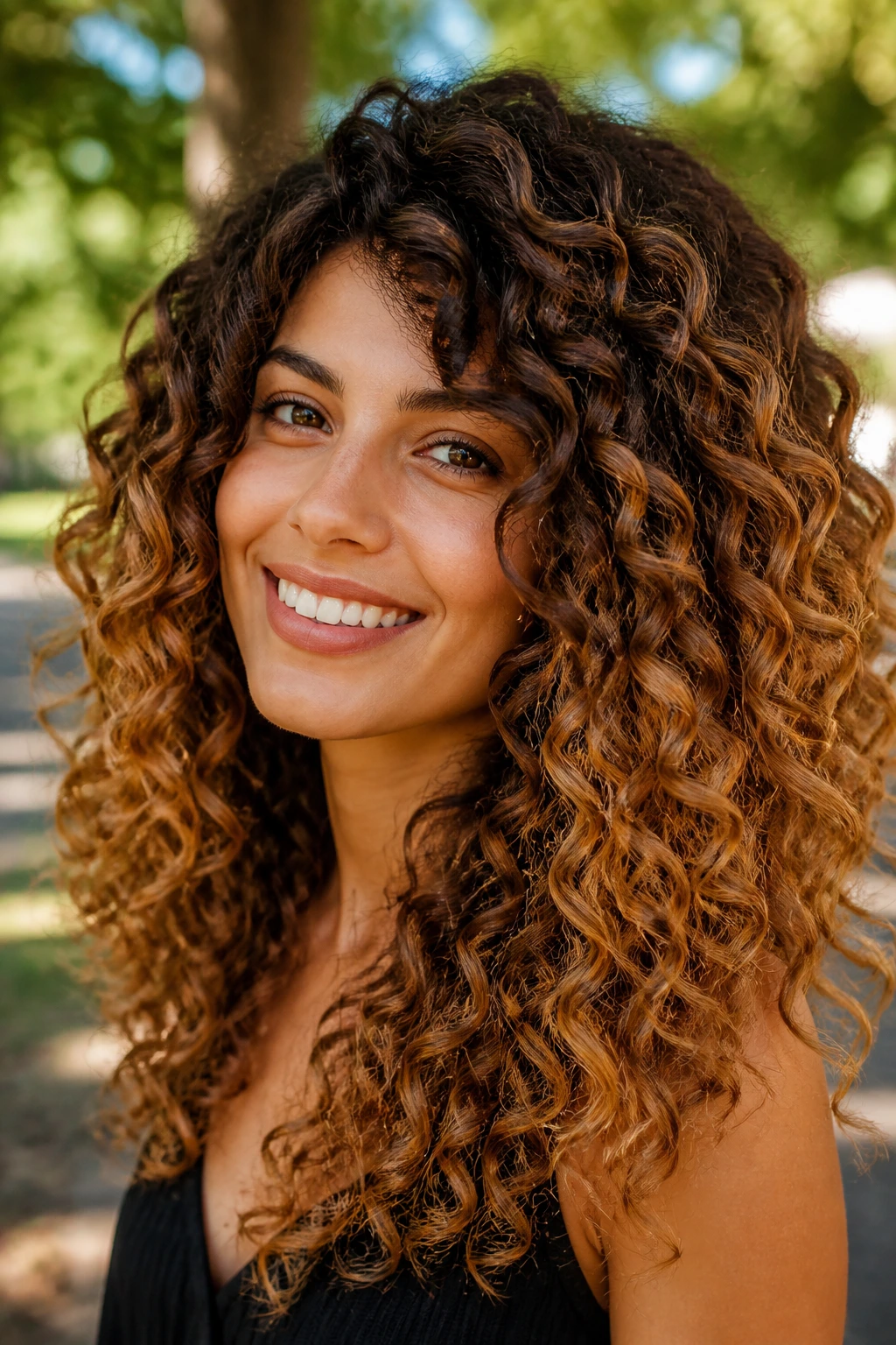 Close-up of a real woman with toffee ombre curls outdoors in a park