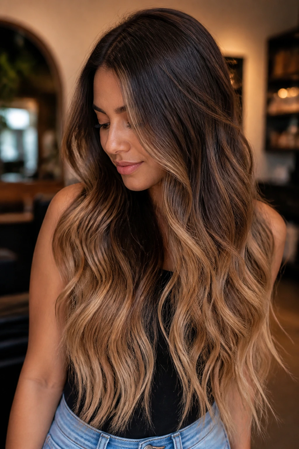 Portrait of a woman with long toffee ombre fade hair