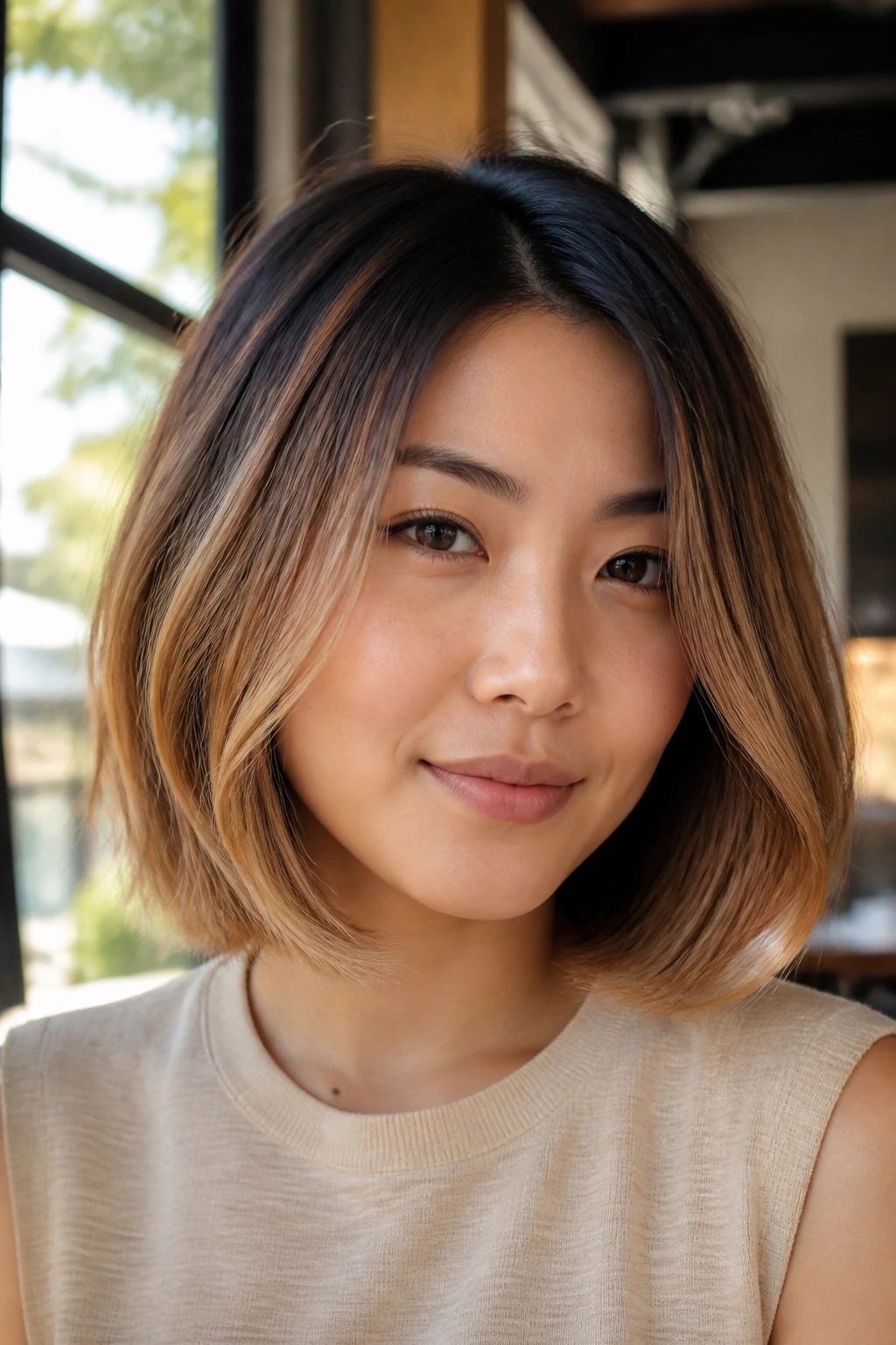 Portrait of a real woman with warm toffee ombré on a short lob in a sunlit cafe.