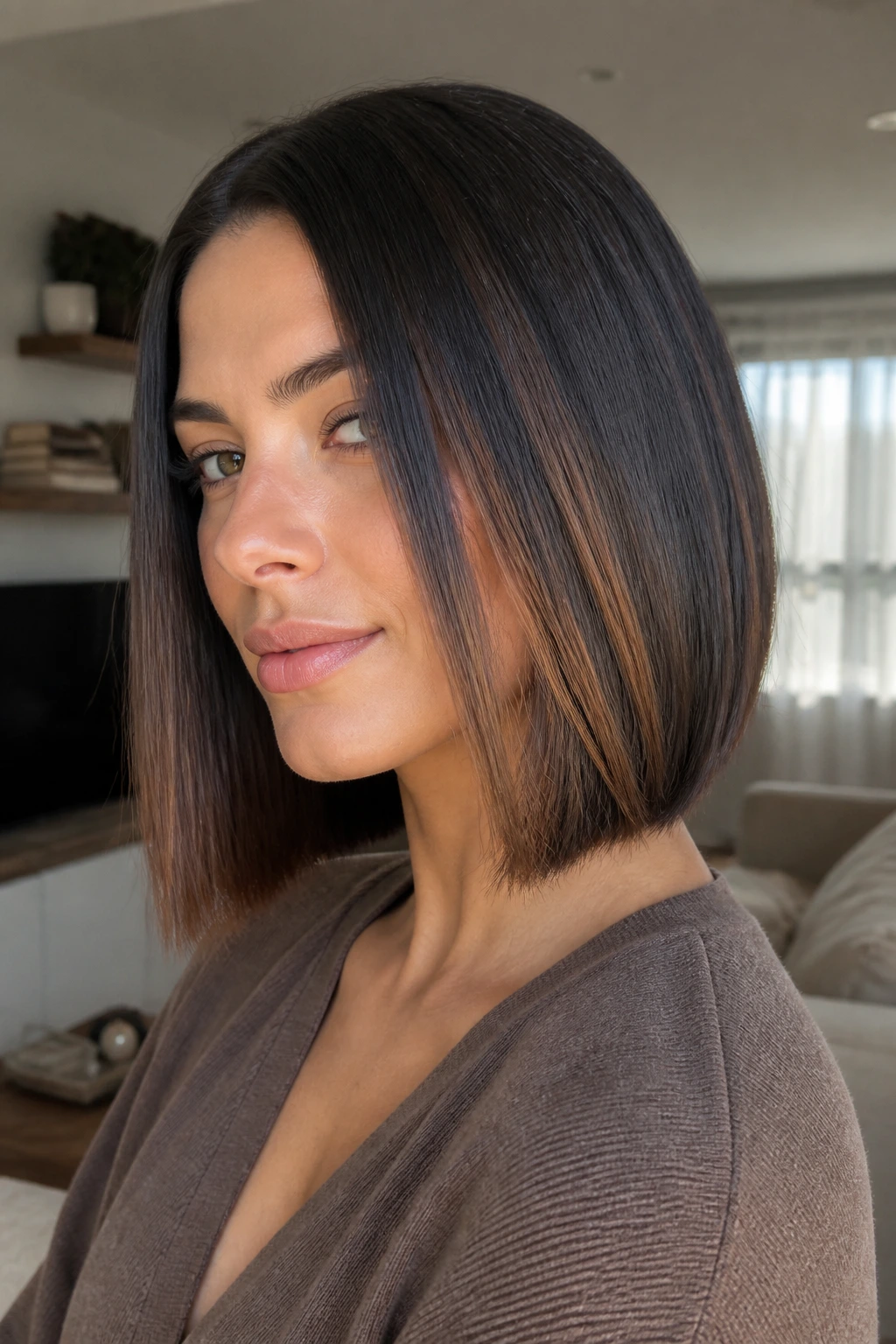 Close-up of a real woman showing toffee peekaboo panels in hair