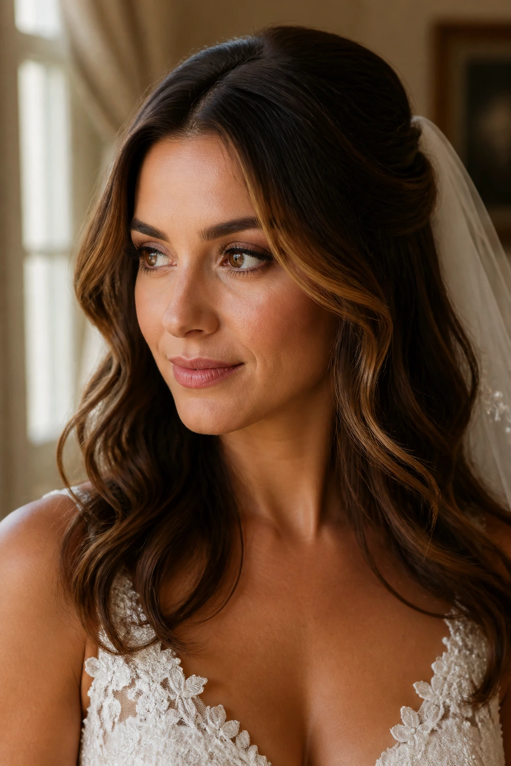 Bride with toffee ribbon brunette in warm daylight