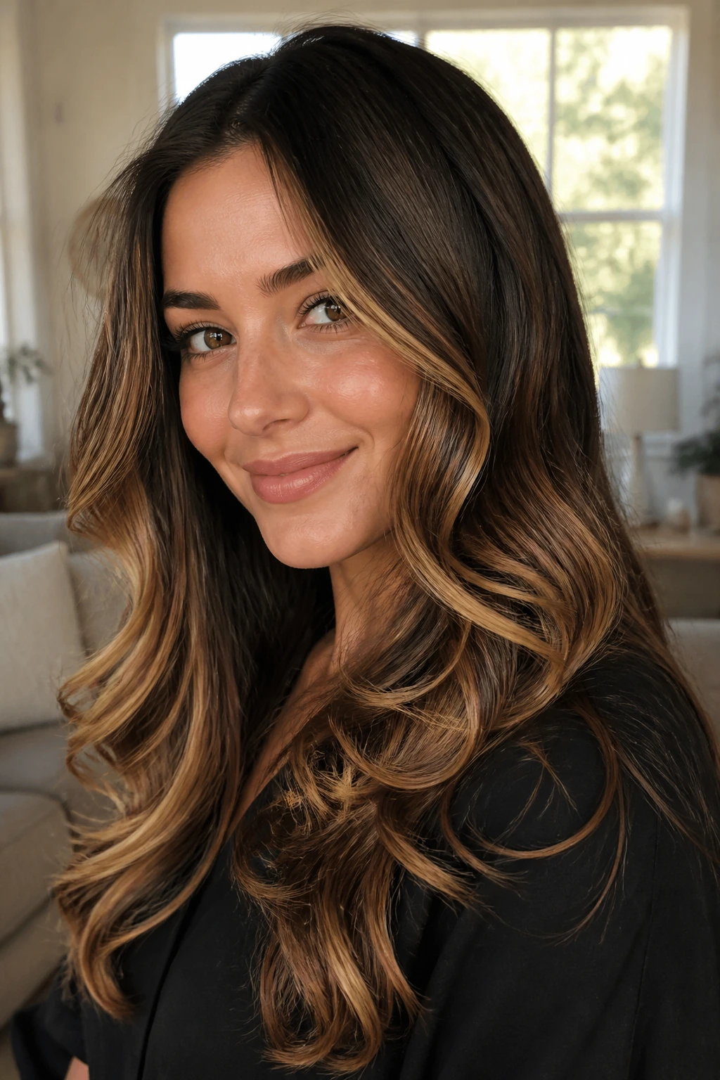 Close-up portrait of brunette hair with toffee ribbon highlights