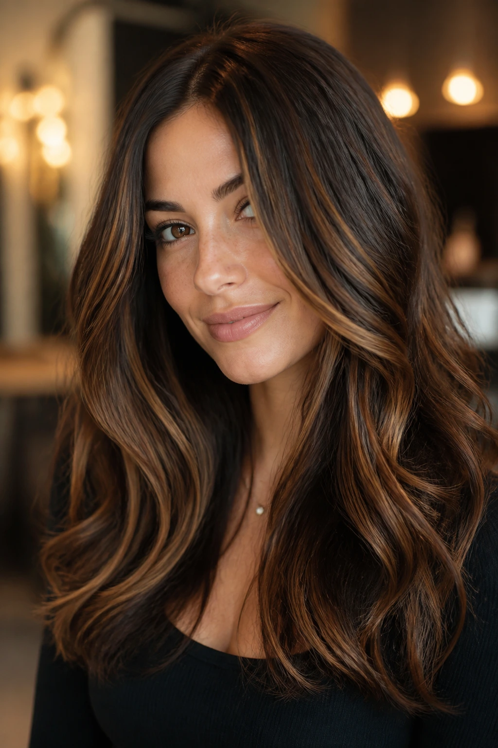 Close-up of a real woman's hair showing toffee ribbon highlights woven through brunette strands