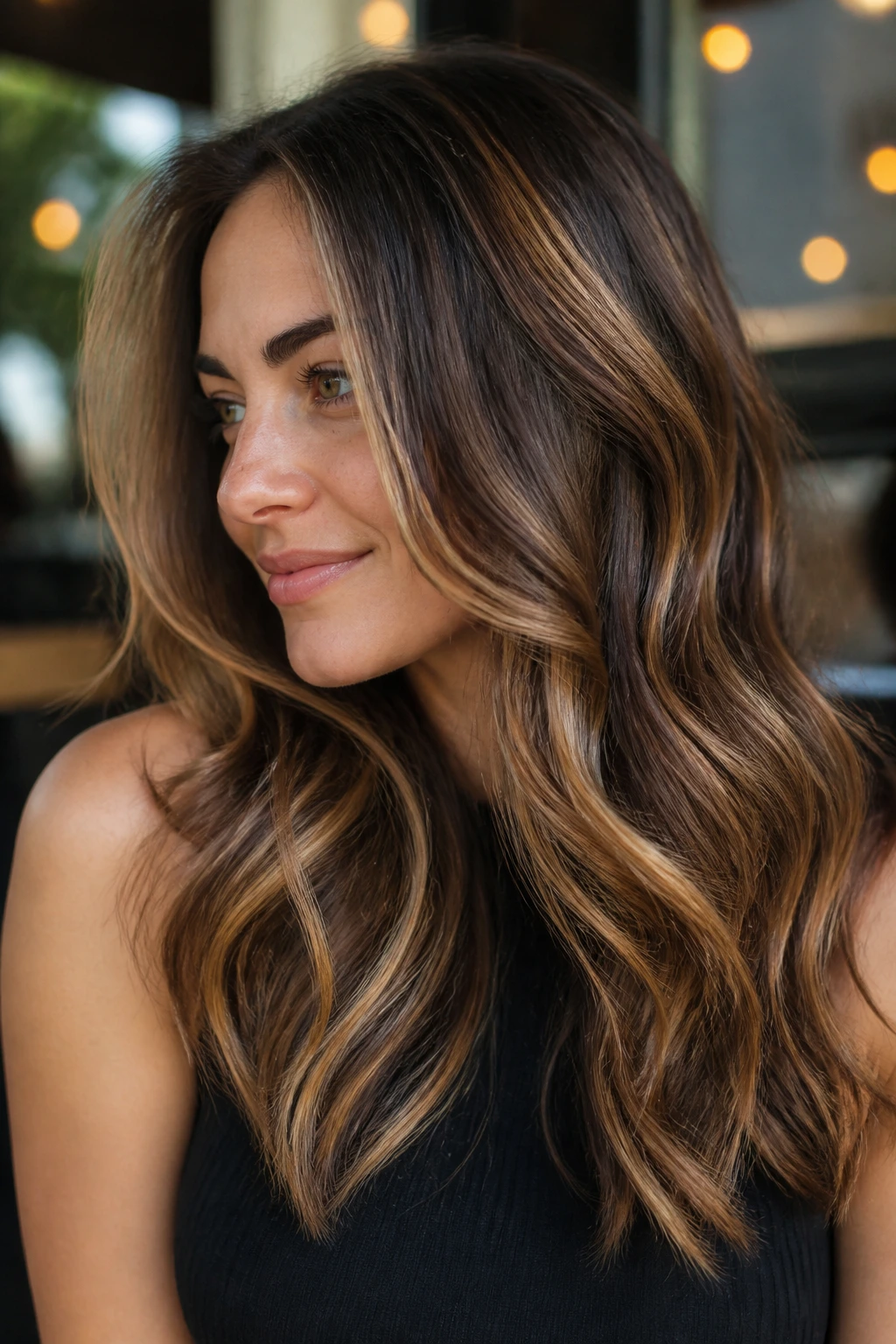 Close-up portrait of a real woman with toffee ribbon lights in brunette hair.