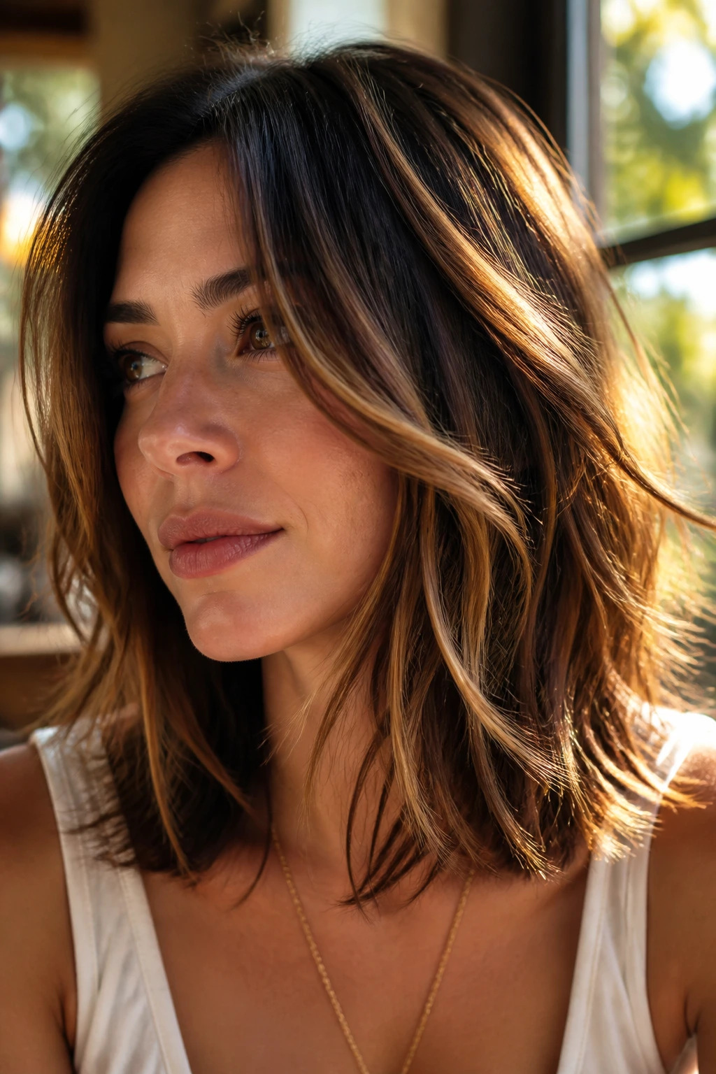 Close-up of toffee ribbons in airy layered hair