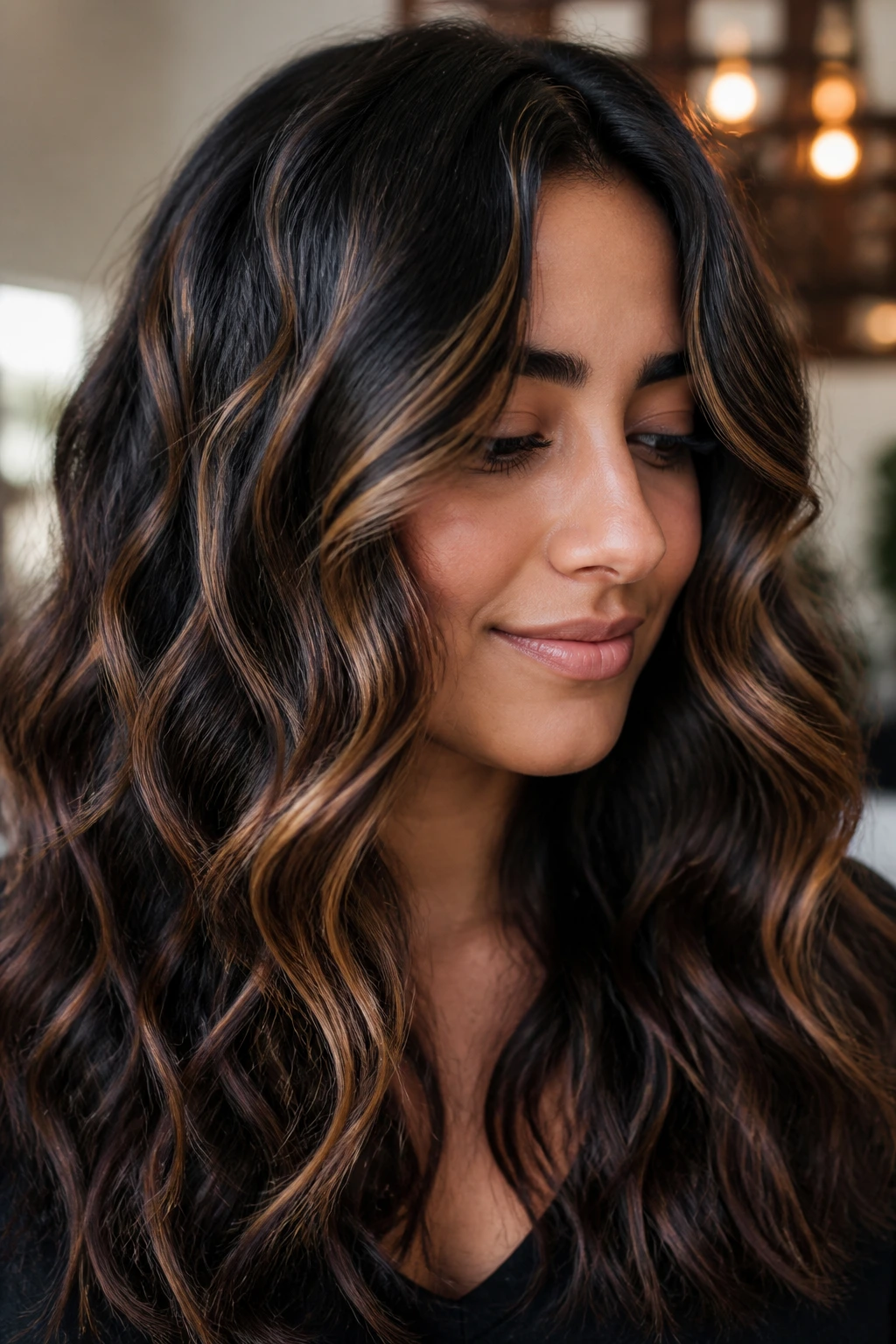 Close-up of toffee ribbons through black-brown hair on a real person