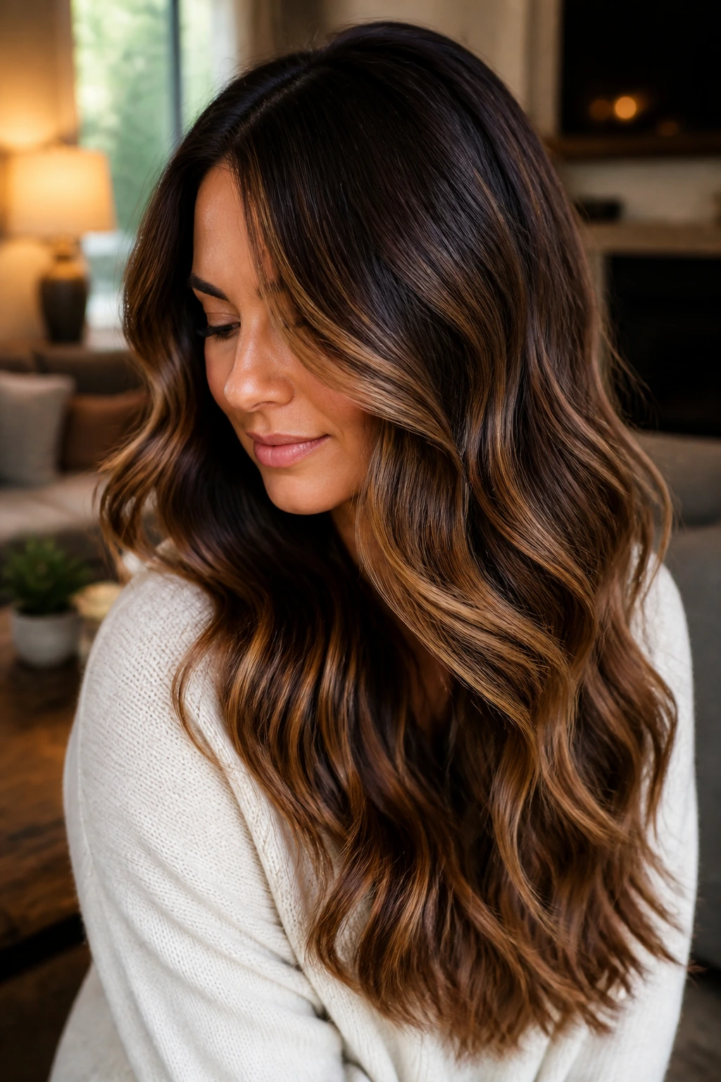 Real woman with toffee swirl balayage close-up.