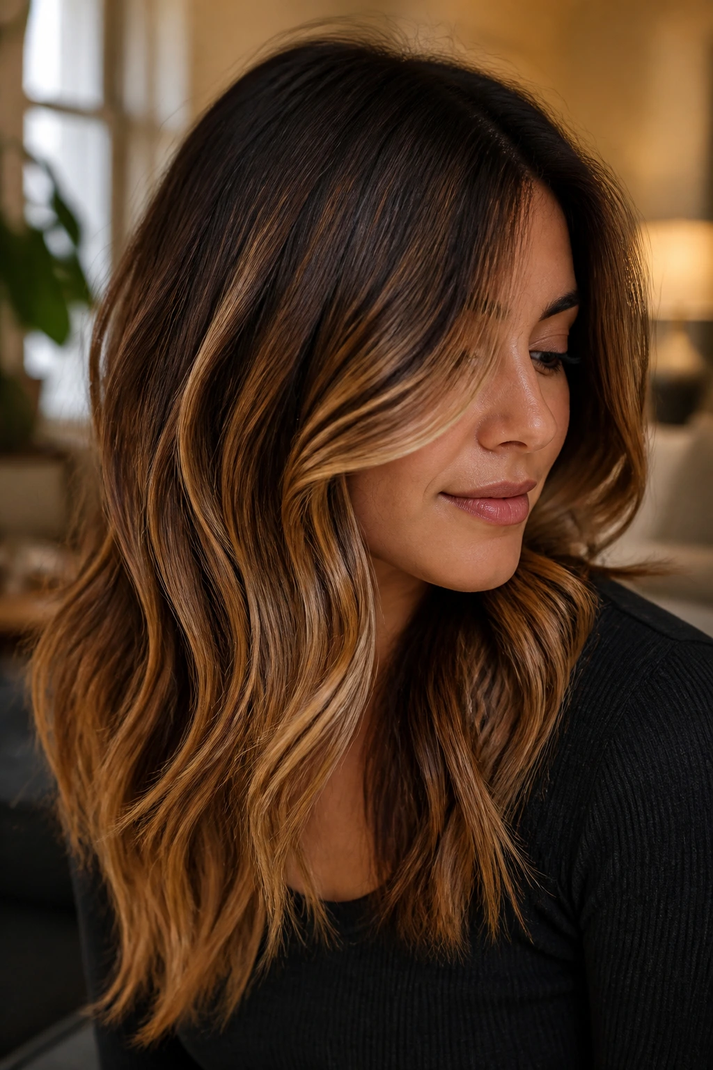 Close-up of a real woman with toffee swirl balayage