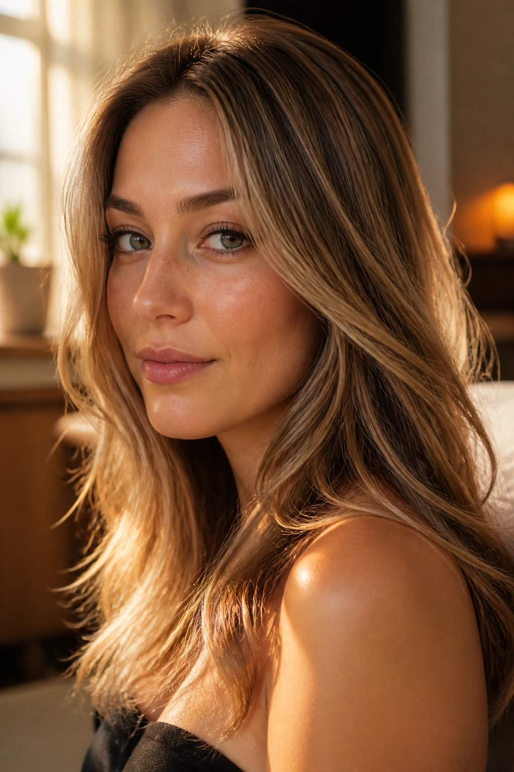 Honey blonde hair with toffee threads near the ends under warm light