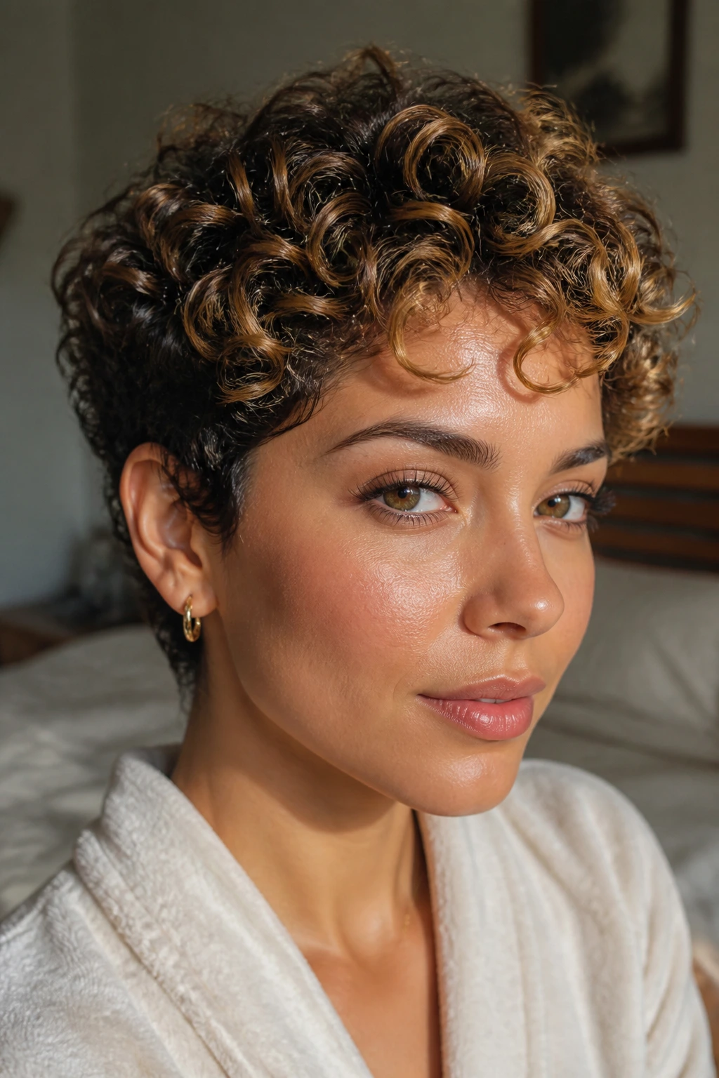 Close-up portrait of a real woman with a toffee-tipped curly crop and outer curl highlights