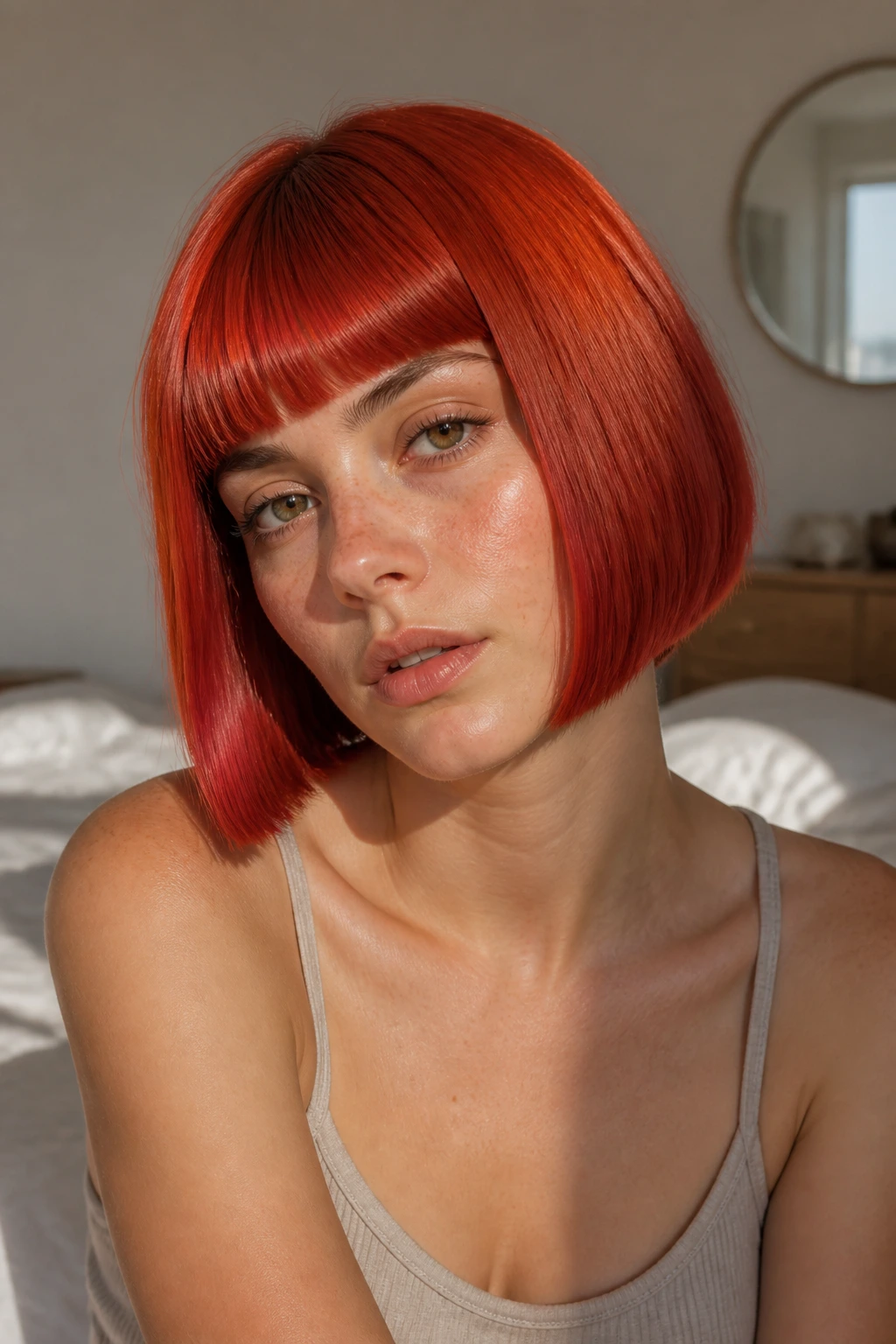 Close-up portrait of a real woman with a tomato red blunt bob under warm window light