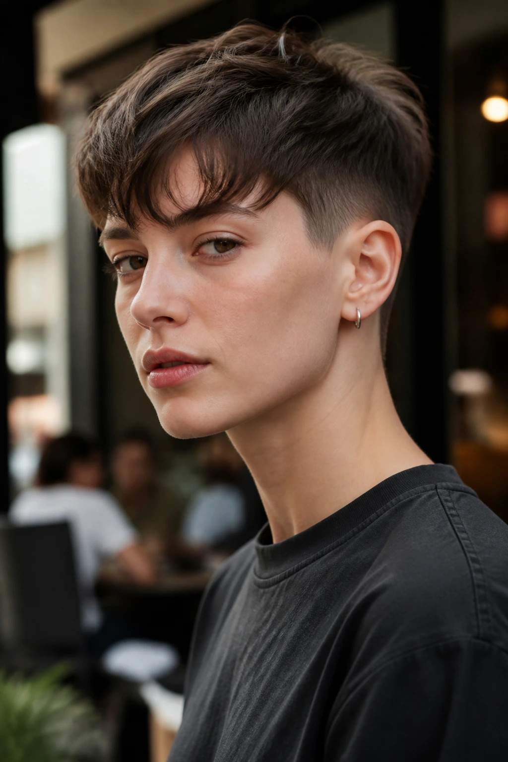 Close-up portrait of a real person with an androgynous tomboy haircut and clean neckline in a street-side cafe setting.
