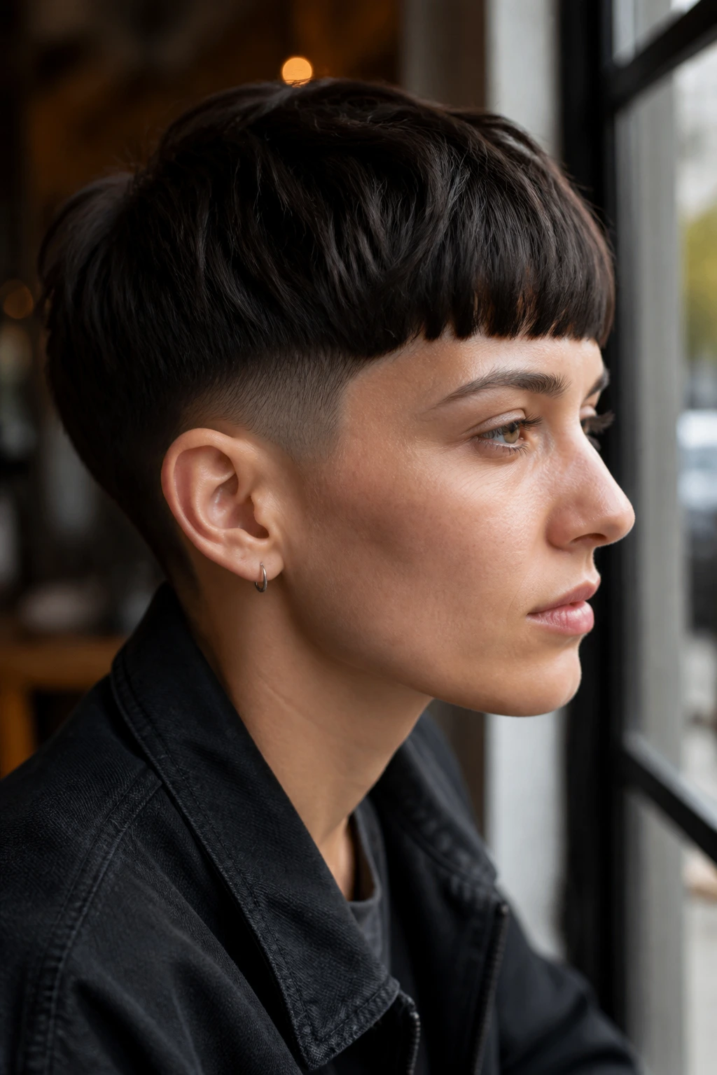 Close-up portrait of a real person with a bold tomboy haircut and defined fringe in a sunlit urban cafe.