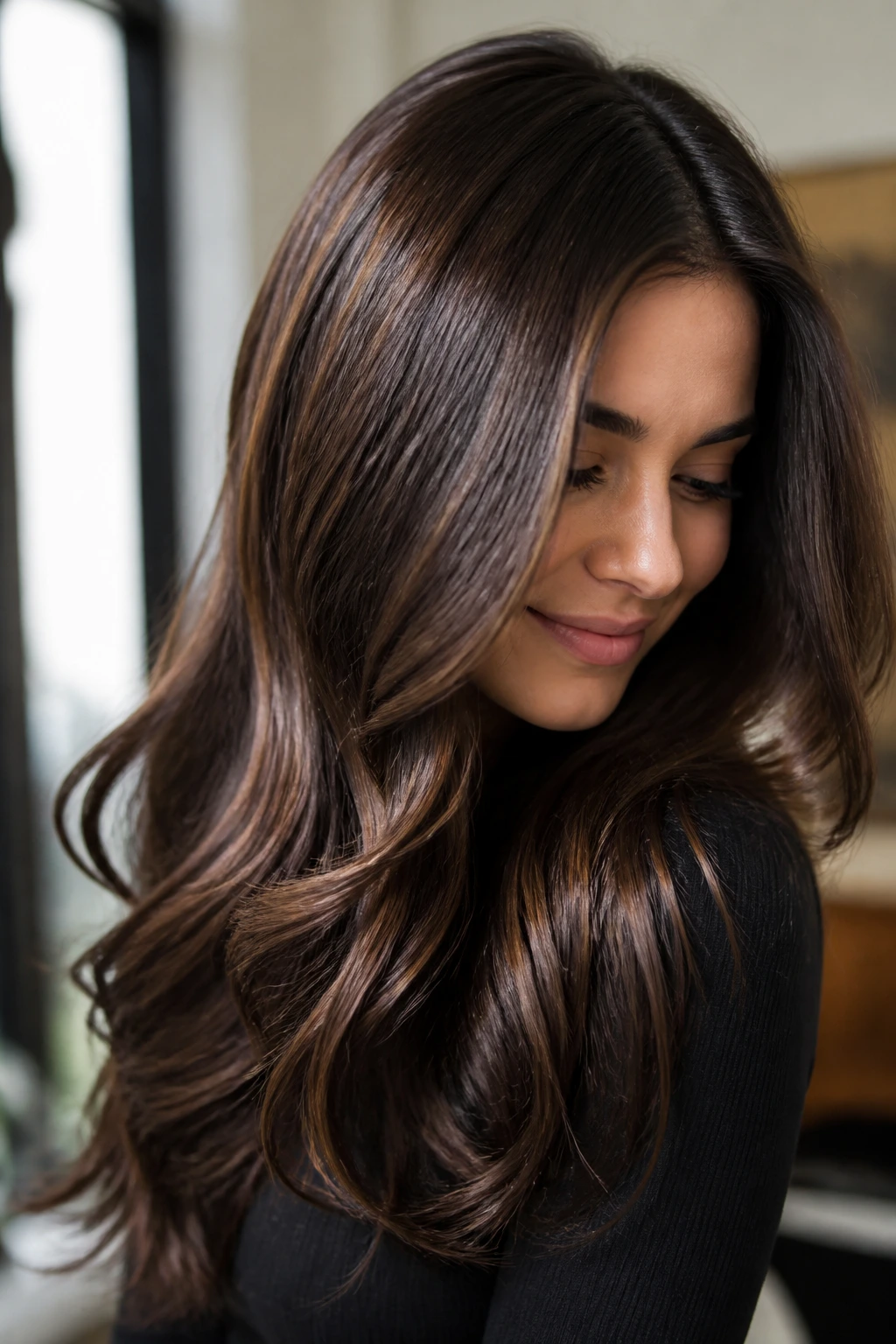 Close-up of a real brunette woman with glossy hair and a fresh tone, lit by natural light