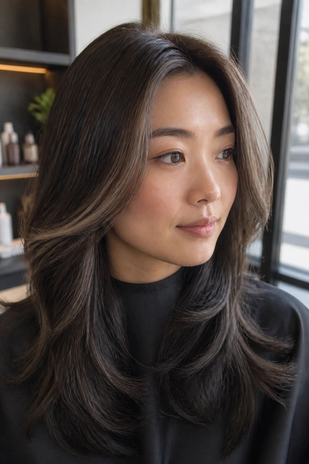 Portrait of a woman with face-framing highlights showing tone and placement near the face.