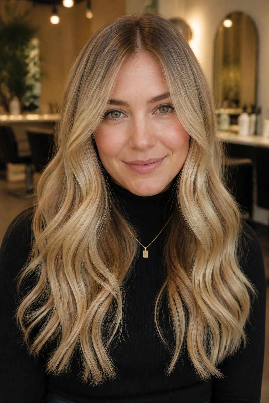 Portrait of a woman with rooted butter blonde tone in warm salon light