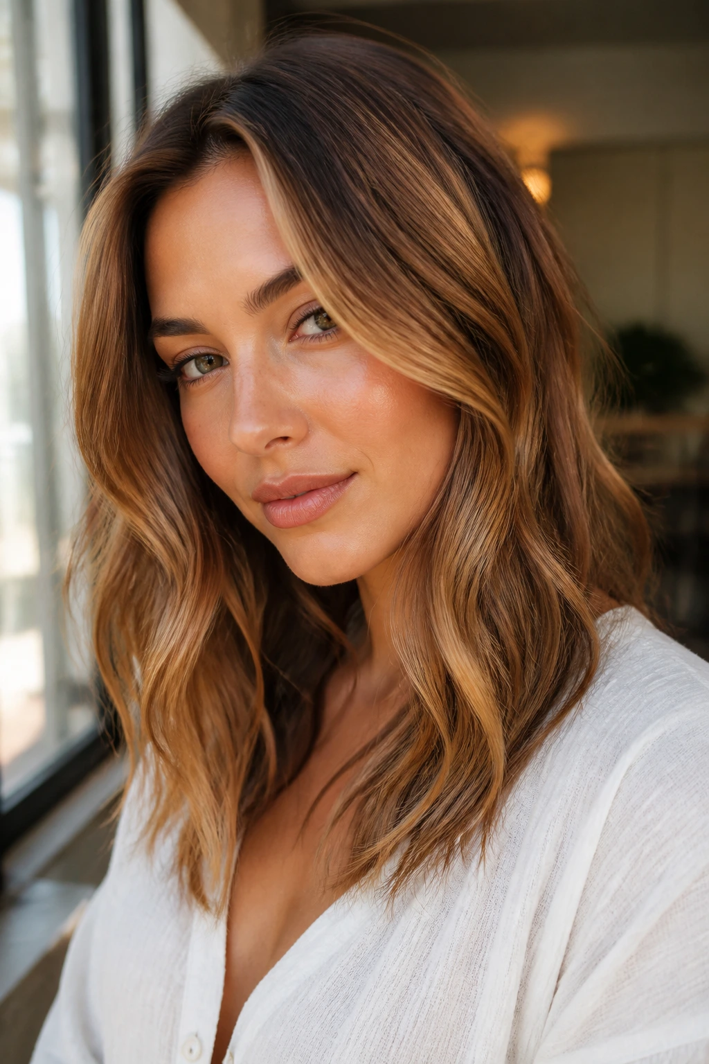 Portrait showing warm beige and copper tones in brown base hair