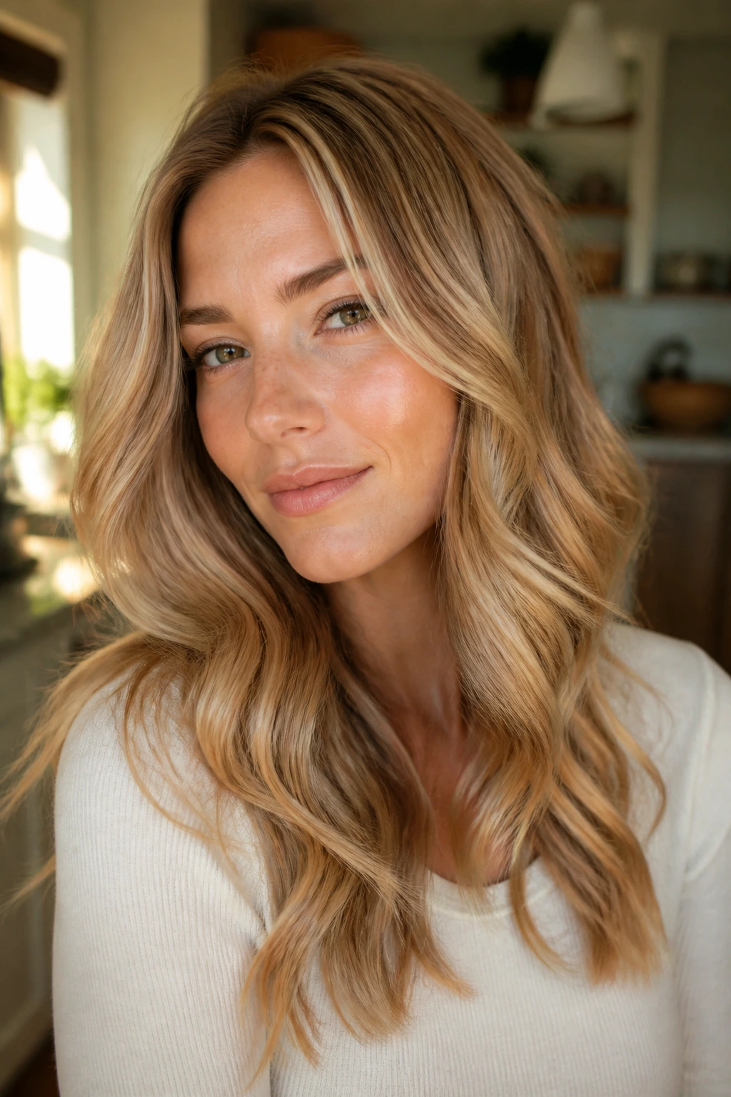 Close-up of a real woman's hair showing warm tone and beige gloss in kitchen window light.