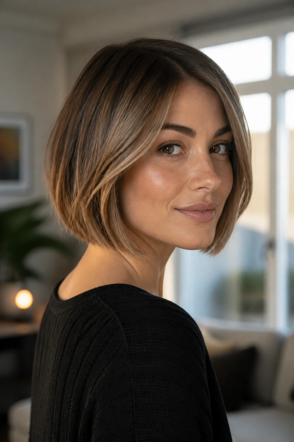 Woman with bob showing warm, cool, and neutral balayage tones.