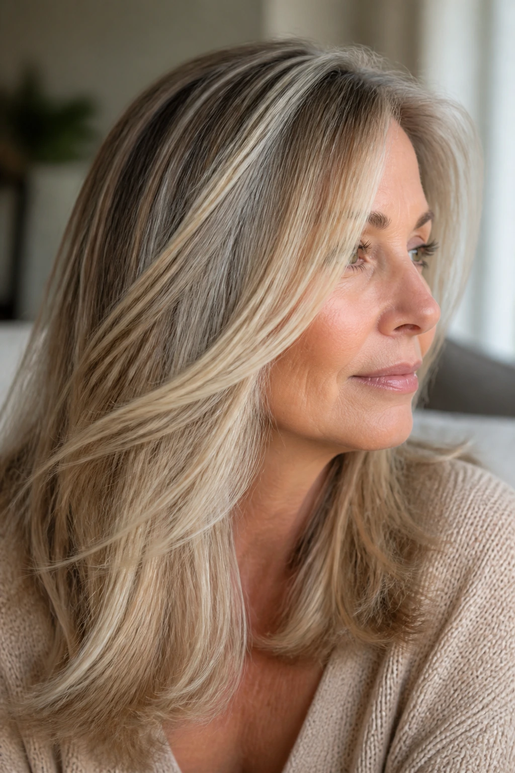 Glossy hair with subtle tones catching light