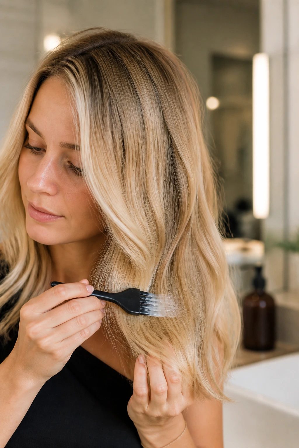 Portrait of person with glossy blonde hair showing toned ends.