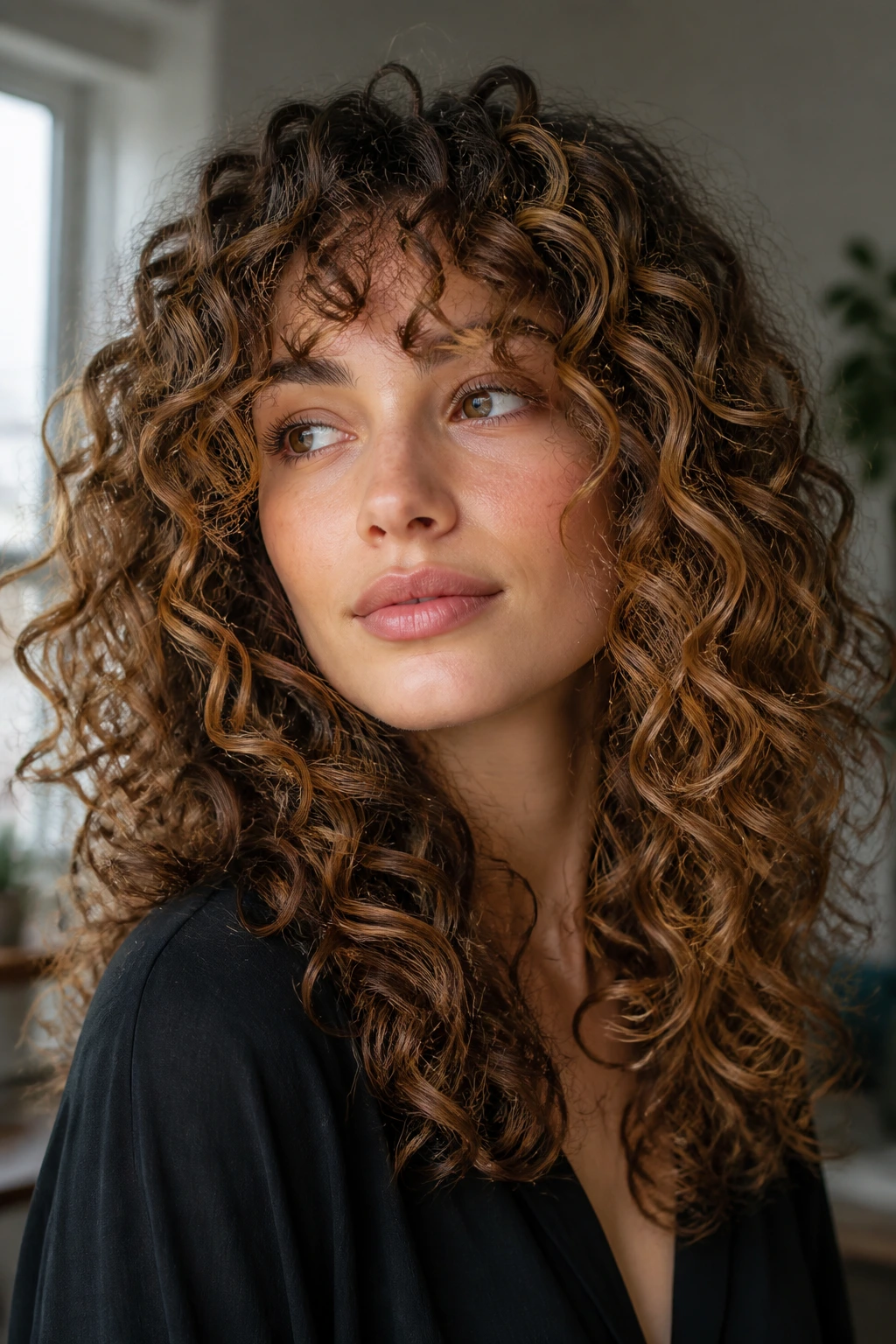 Portrait of a real person with curly hair showing multiple tones for depth and dimension