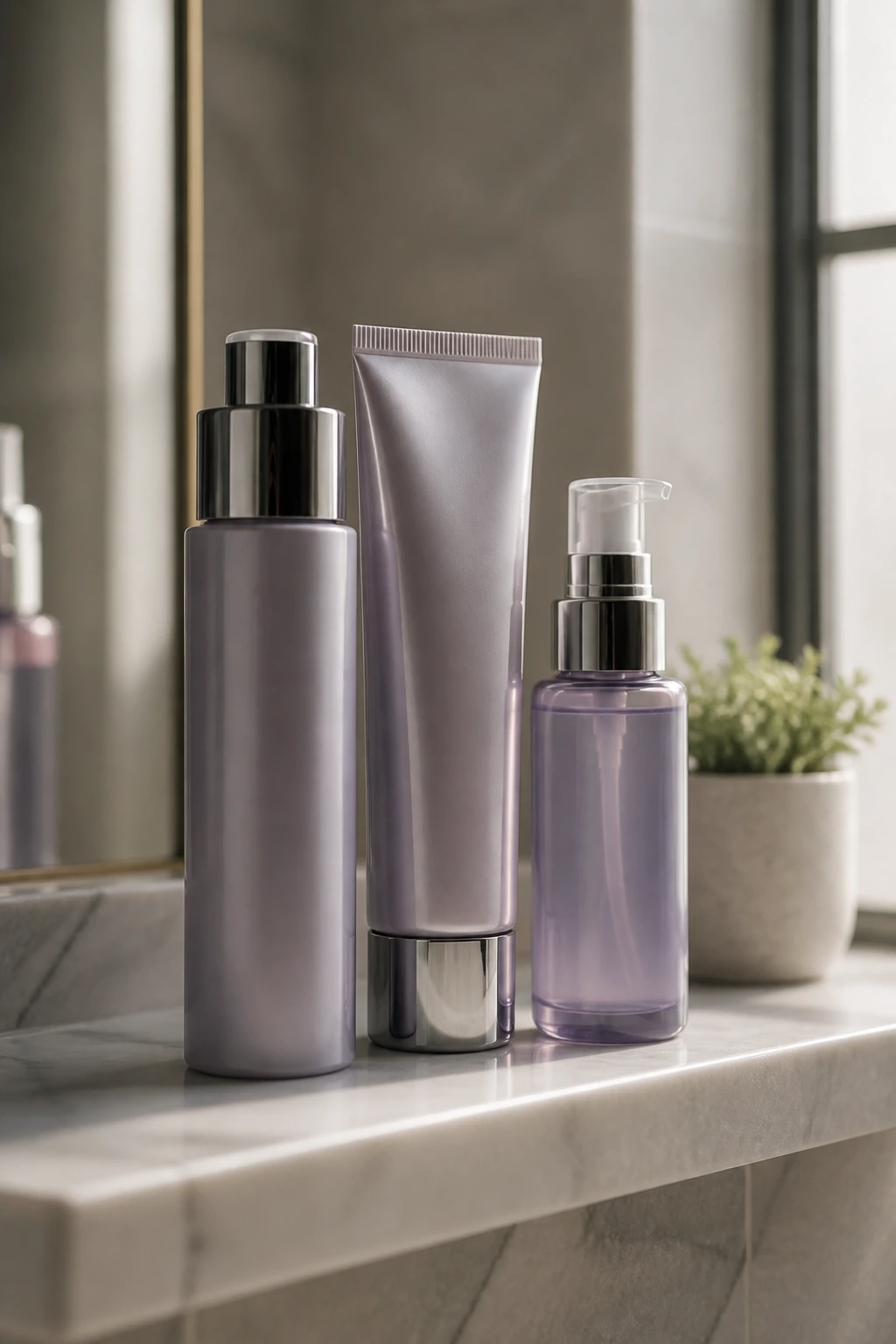 Three unlabeled hair care bottles on a shelf representing tone, gloss, and aftercare
