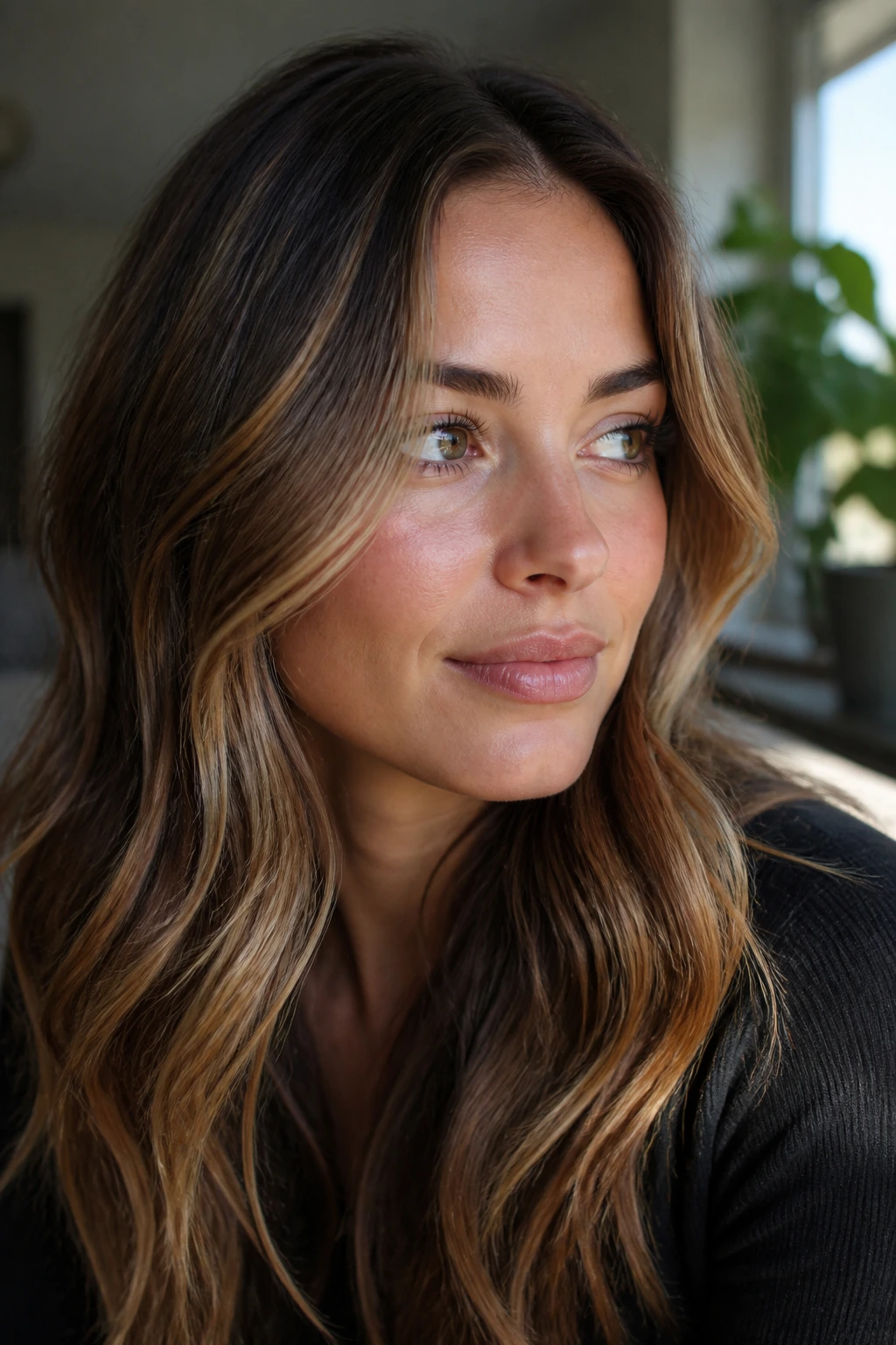 Close-up of hair tone showing warm caramel highlights and cool beige undertones