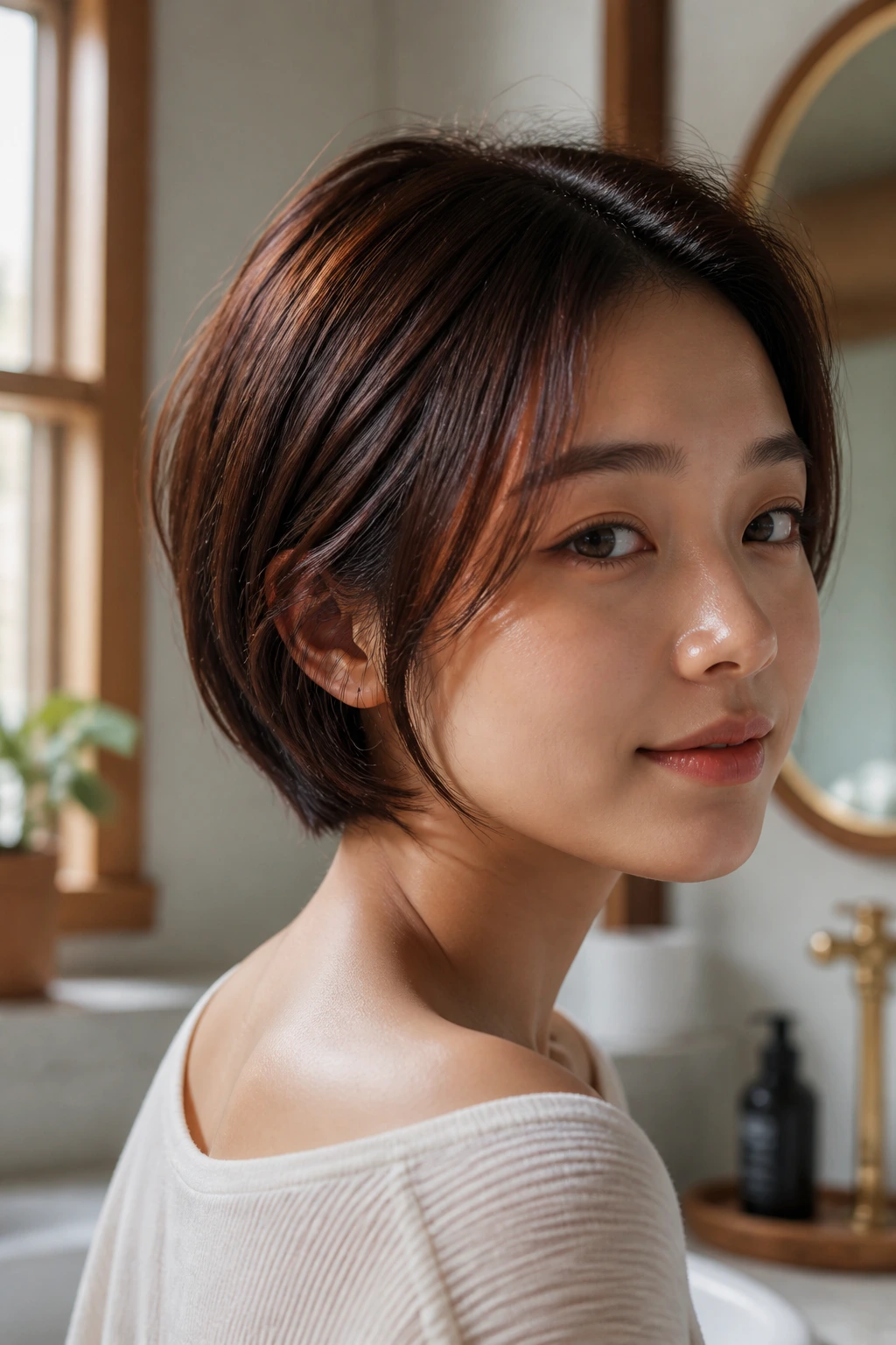 Close-up of a real woman's short hair kept glossy and vibrant between color appointments.