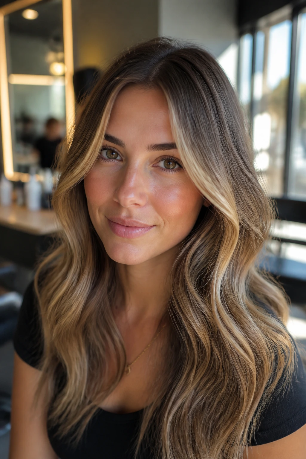 Close-up portrait of a real person with beige and honey-toned highlights around the face in a salon, illustrating tone, placement, and brightness.