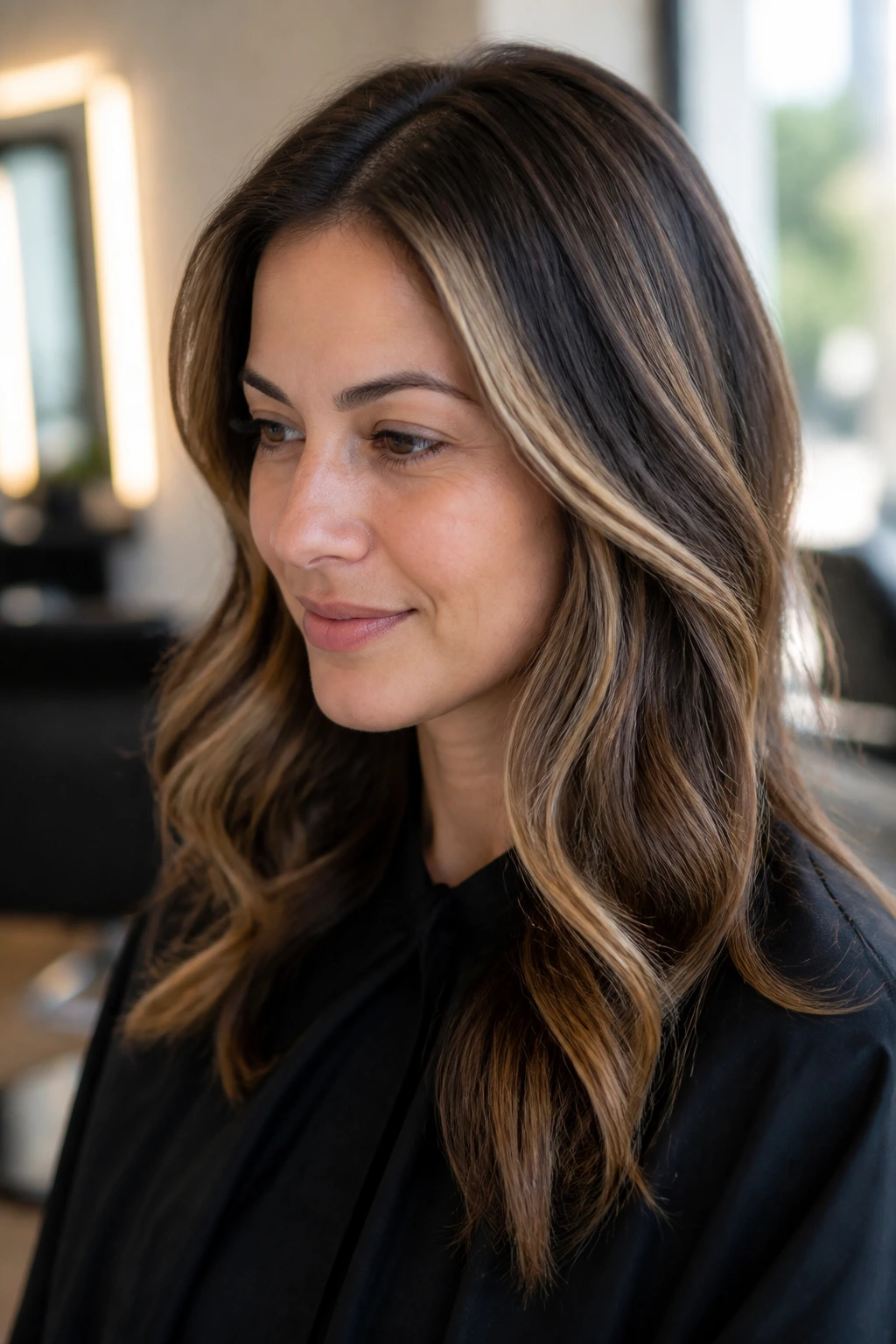 Close-up woman in salon chair showing face-framing hair with subtle highlights