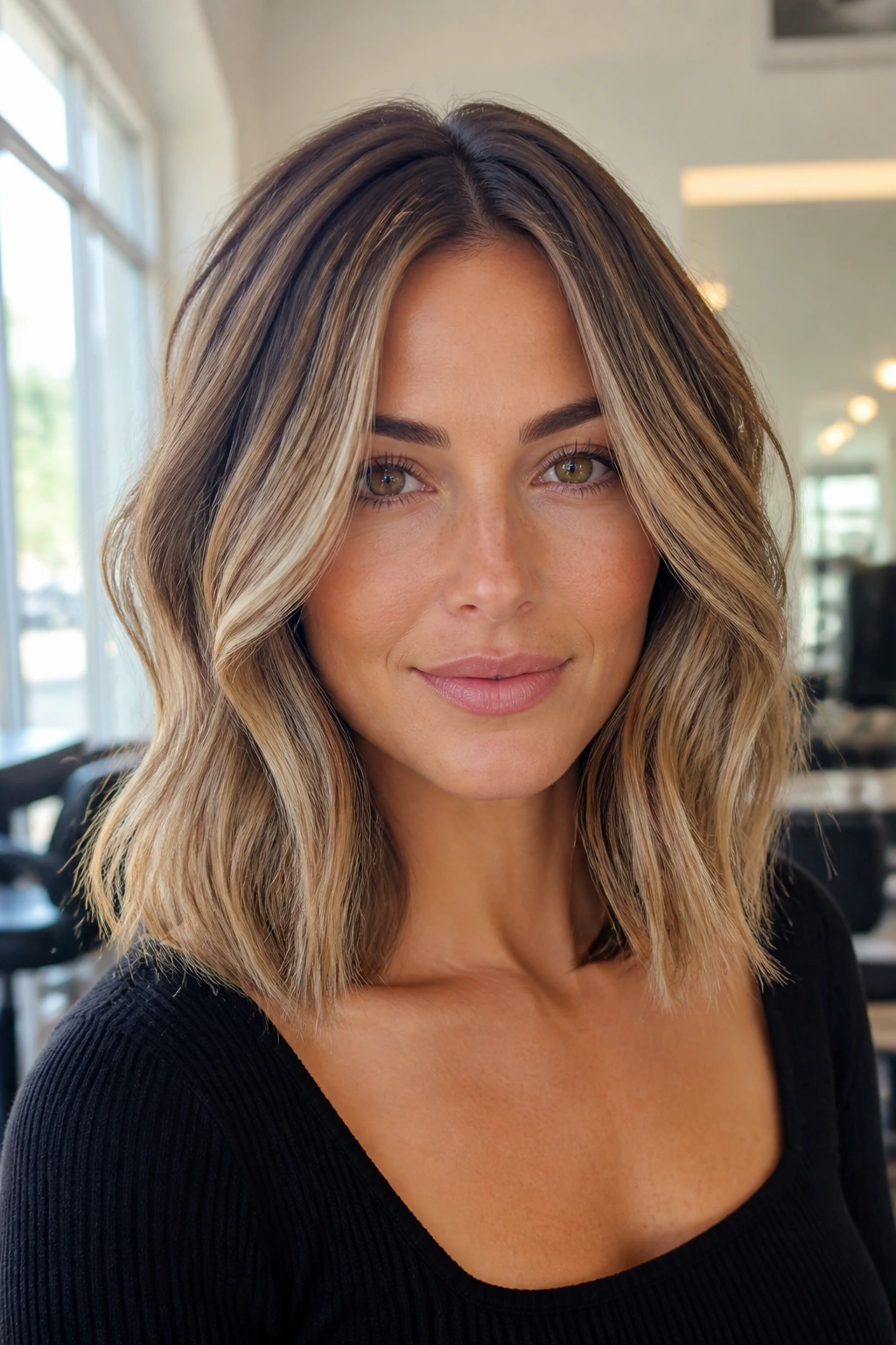 Close-up portrait of real person with medium-length hair showing tone and placement of highlights