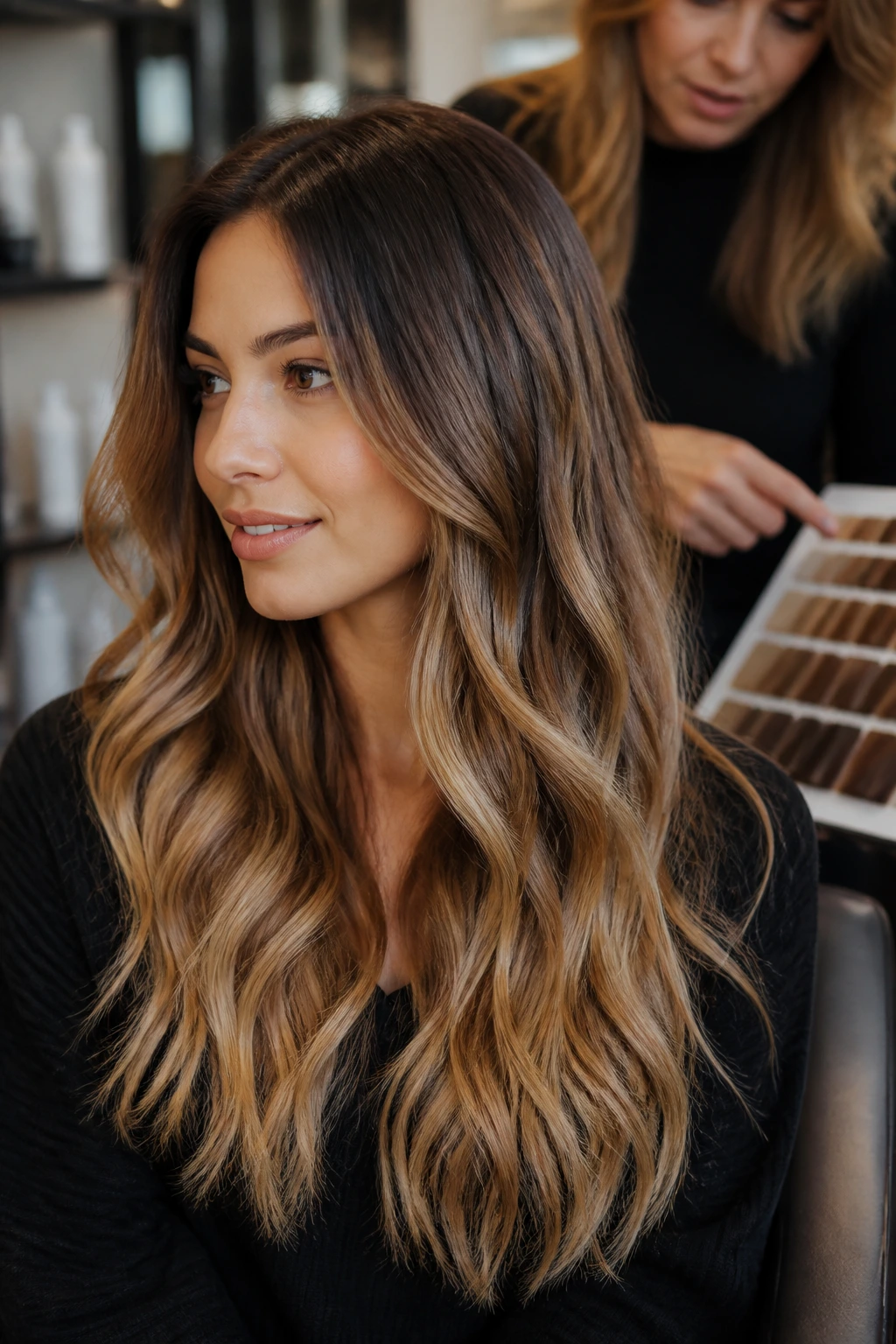 Close-up of long ombre hair with a colorist in background selecting tones