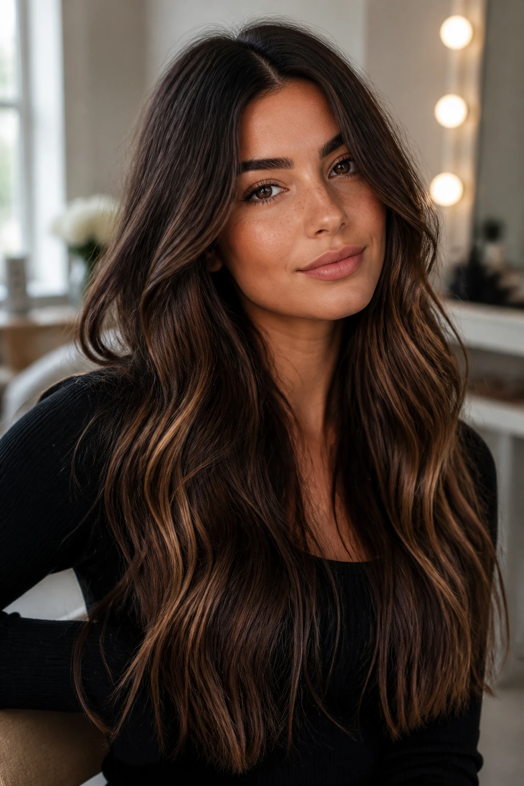 Close-up of a real woman with long brunette hair showing undertone-balanced tones for warm, cool, neutral skin