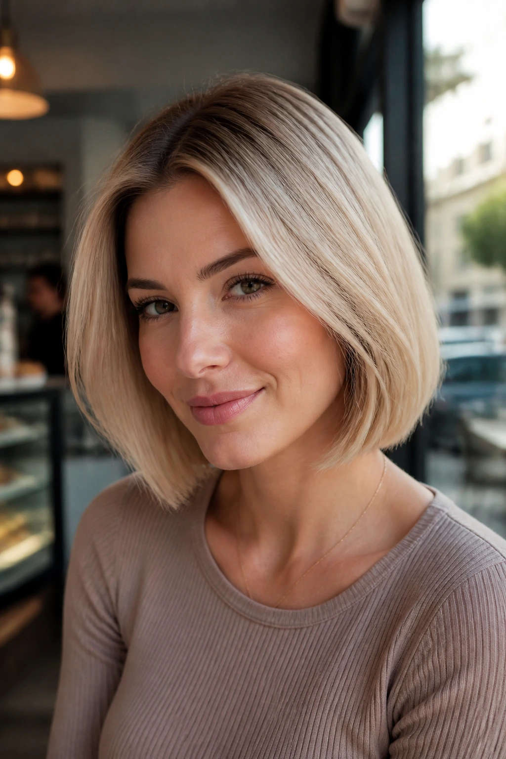 Close-up of toned beige blonde bob on a real person