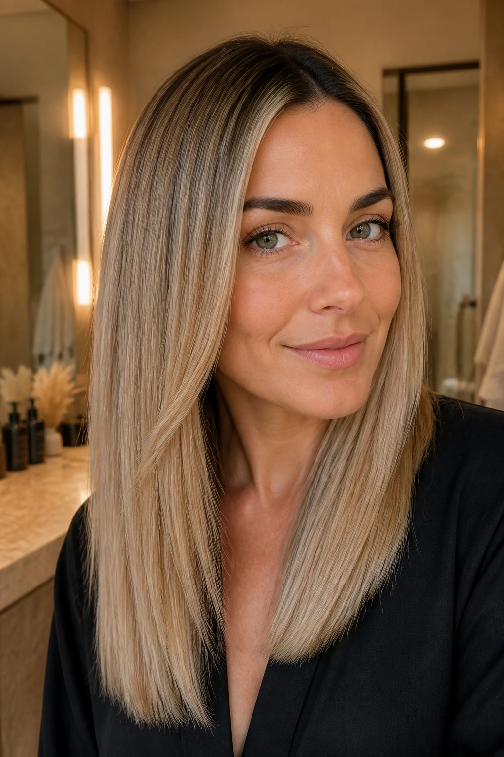 Portrait of a woman with straight hair showing root regrowth and gloss.