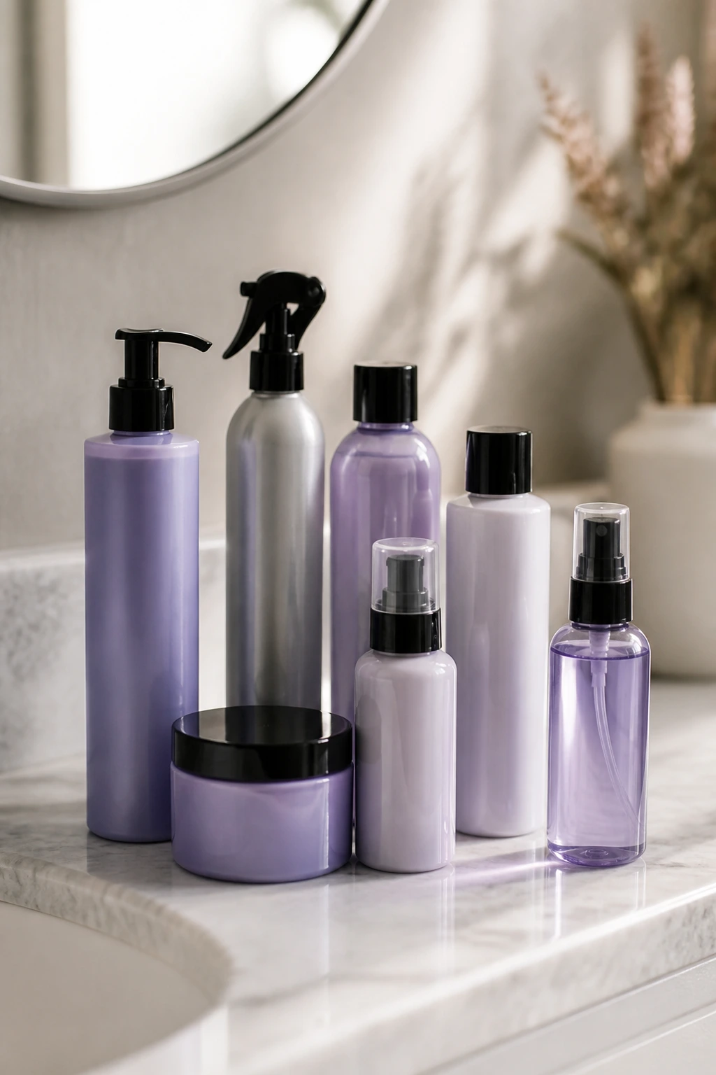 Plain bottles for toner gloss styling arranged on a counter with soft light