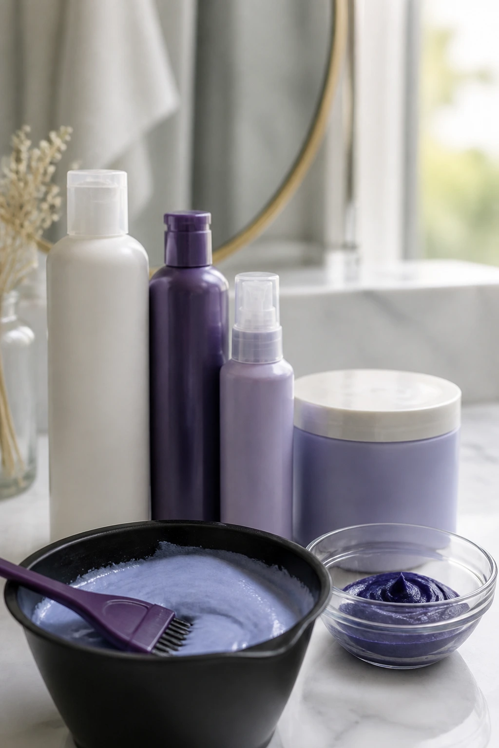 Close-up of violet-toned toners and color-safe hair products on a vanity
