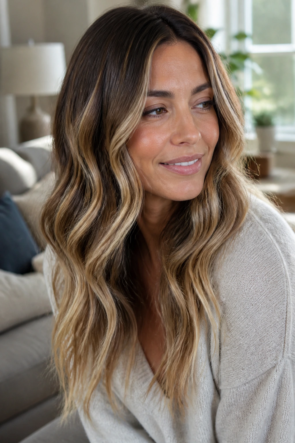 Close-up of a real woman's hair showing well-maintained highlighted waves