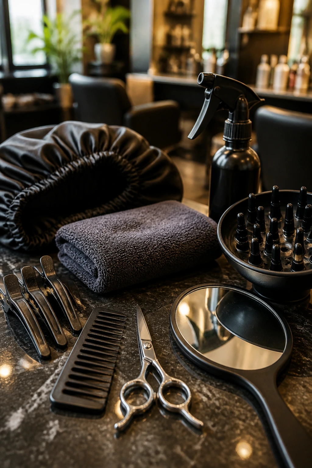 Close-up of professional hair cutting tools on a salon counter